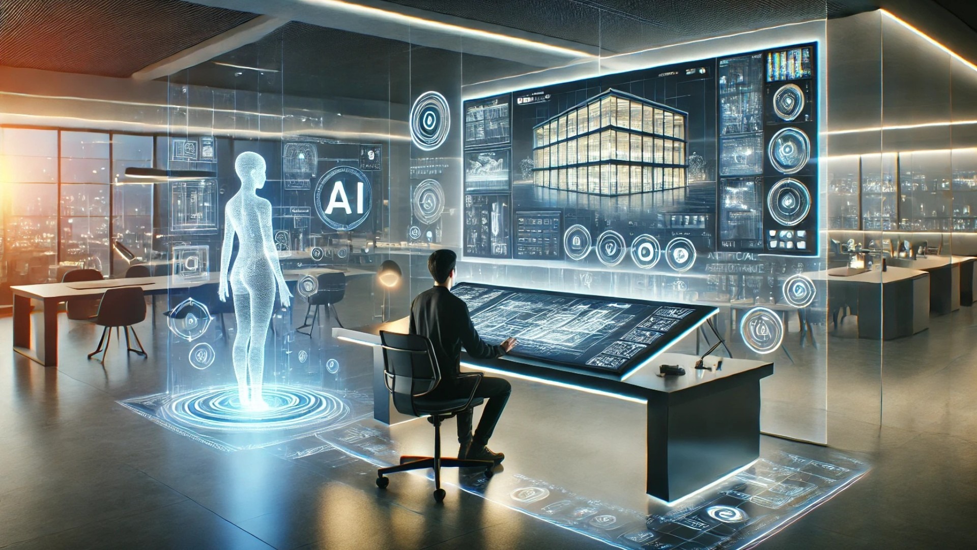 capturing the integration of AI in a futuristic design studio environment
