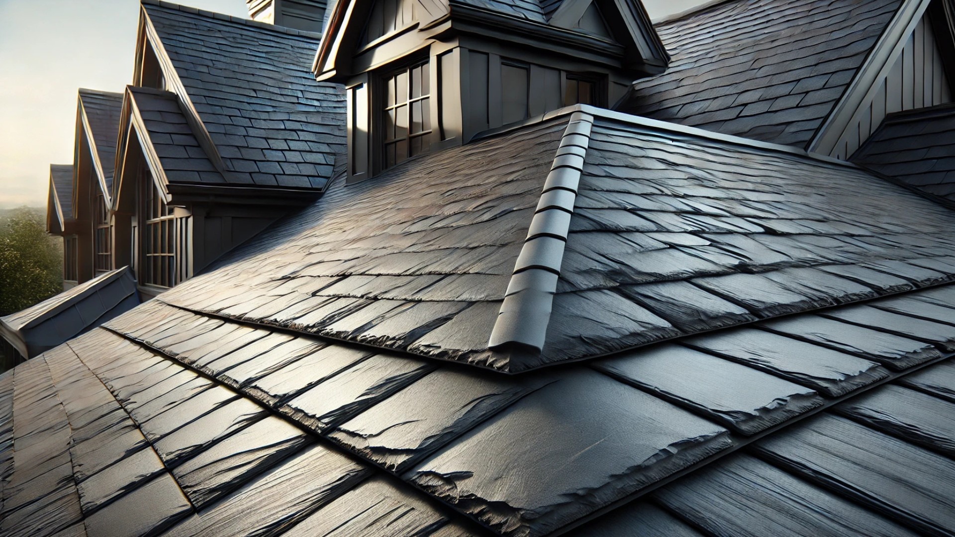 luxury home rooftop showcasing synthetic slate tiles
