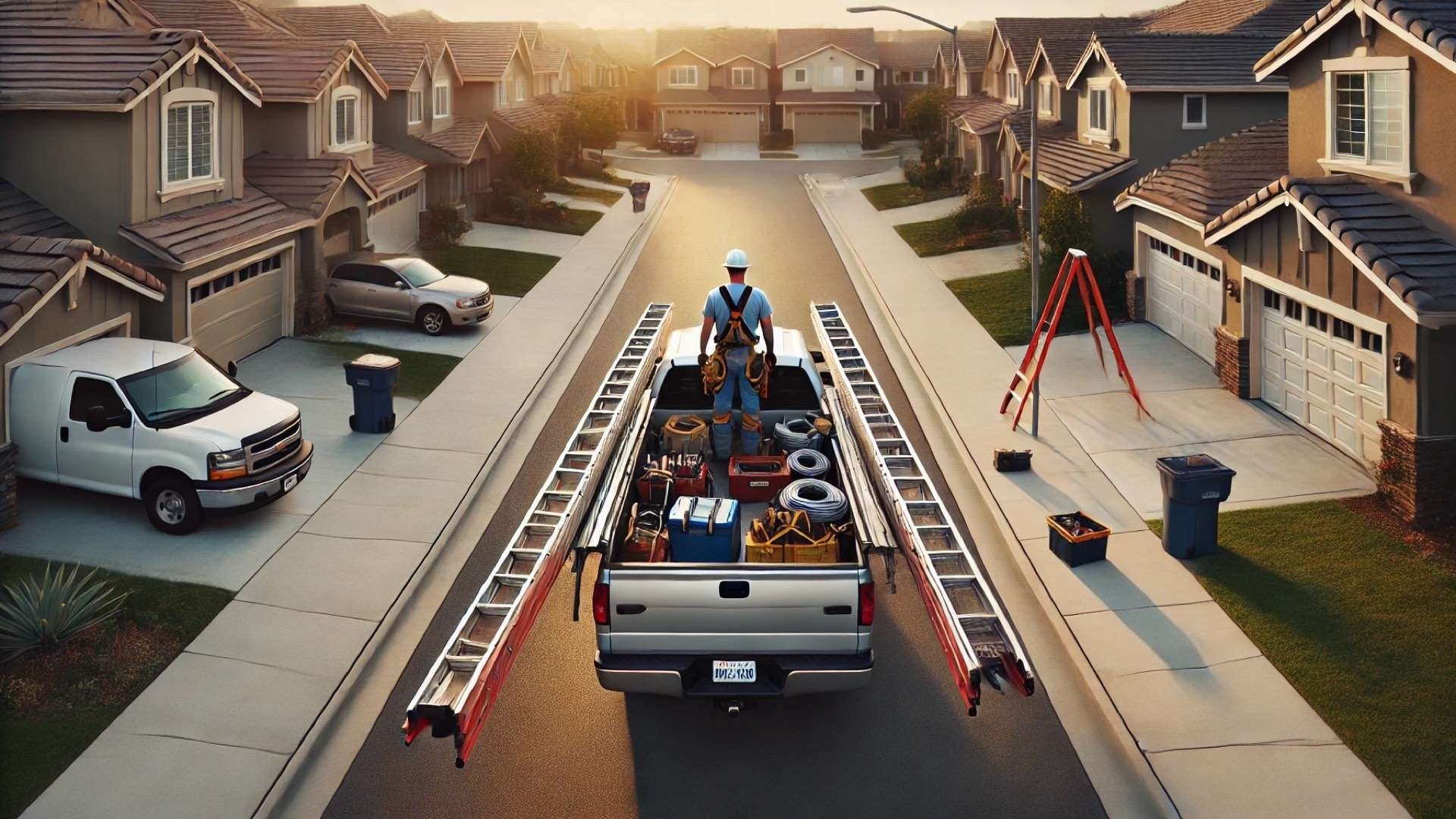 Roofer stands in the bed of a fully loaded truck with ladders and gear secured, looking down a quiet neighborhood street from an elevated viewpoint.