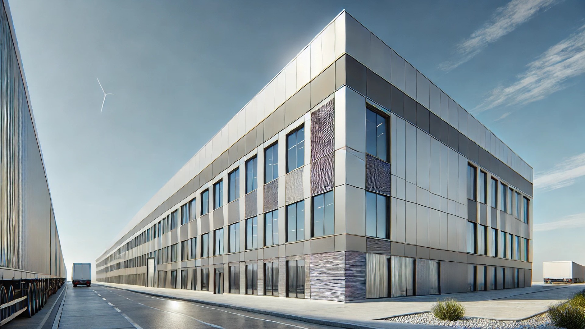 modern industrial building with Insulated Metal Panels (IMPs), highlighting both energy-efficient design and sleek architectural aesthetics