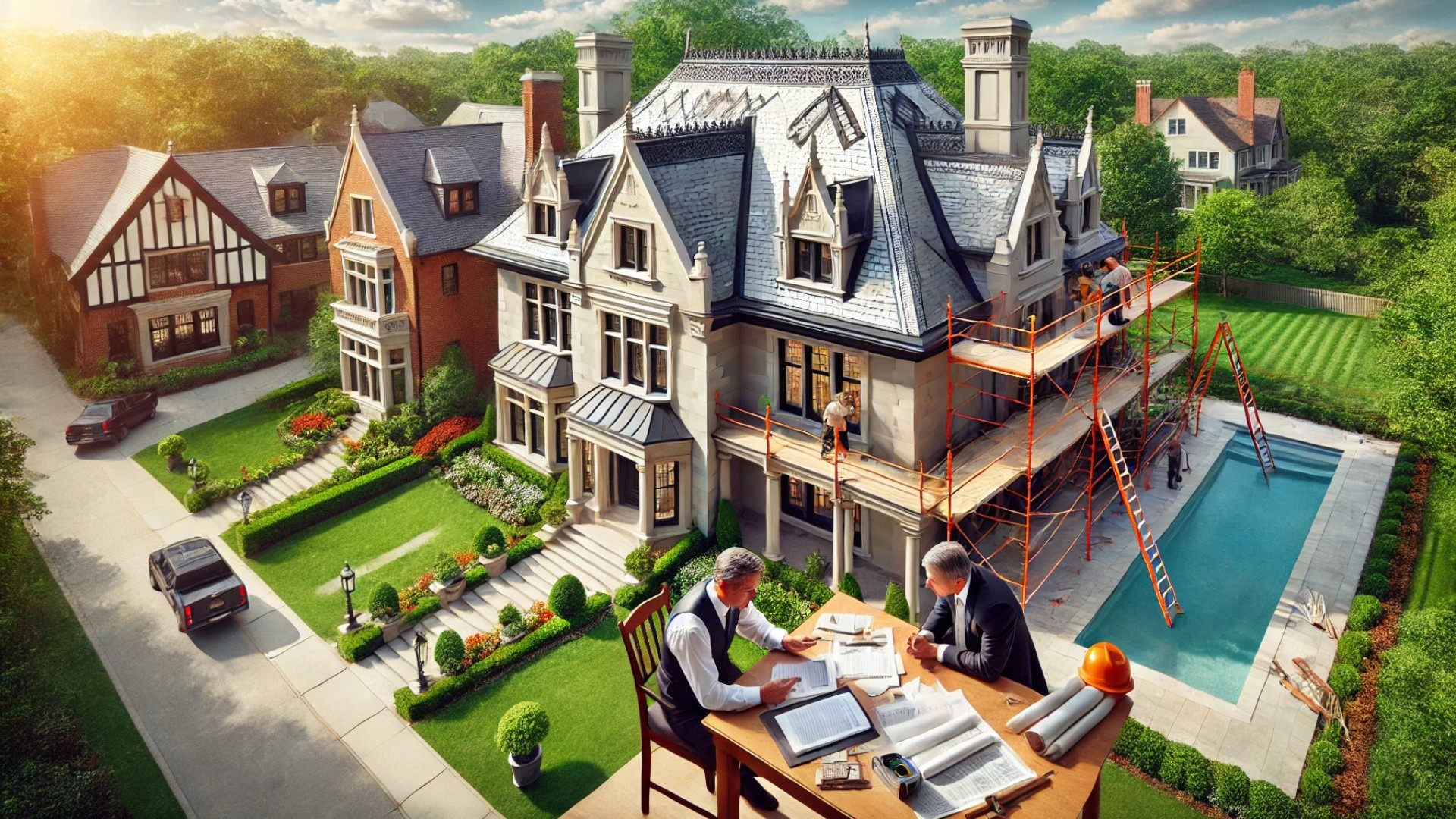 capturing the essence of a high-end historic home undergoing a roof renovation, blending craftsmanship, architectural integrity, and the financial decision-making process