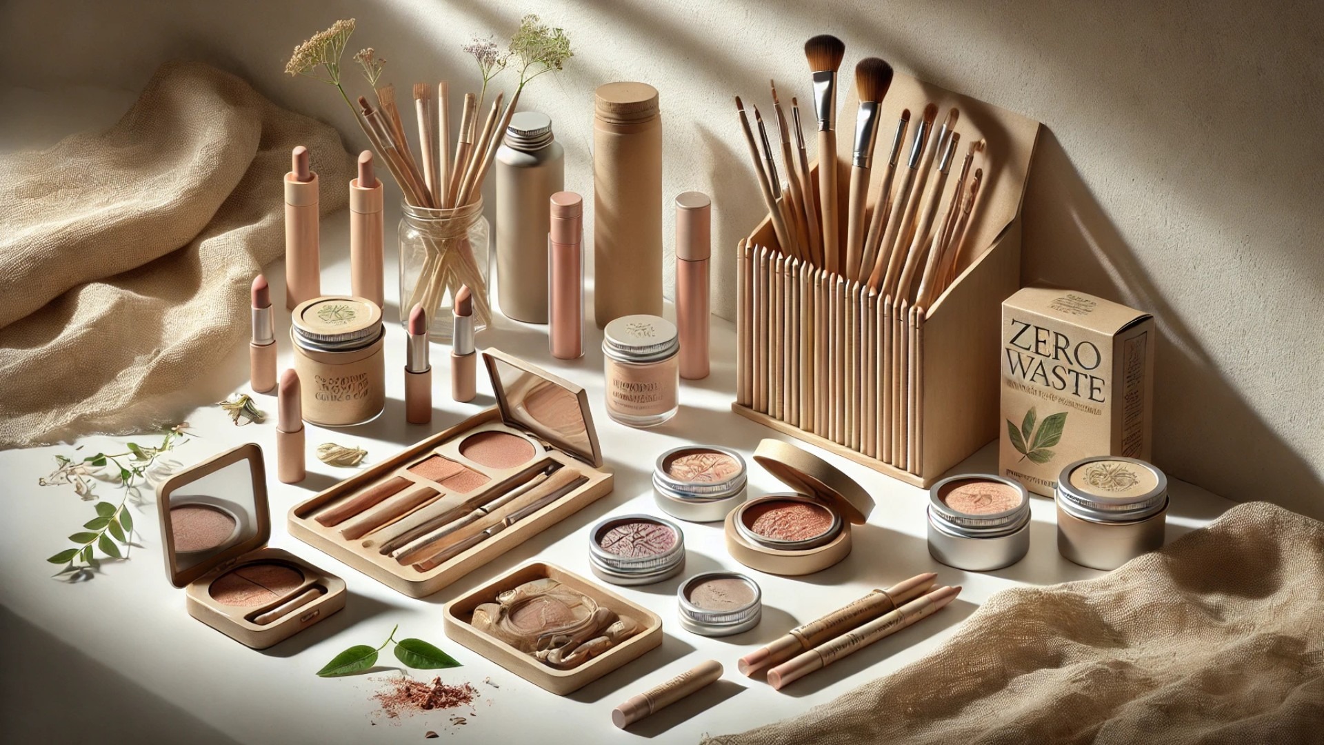 showing zero waste makeup products in a clean, eco-conscious setting