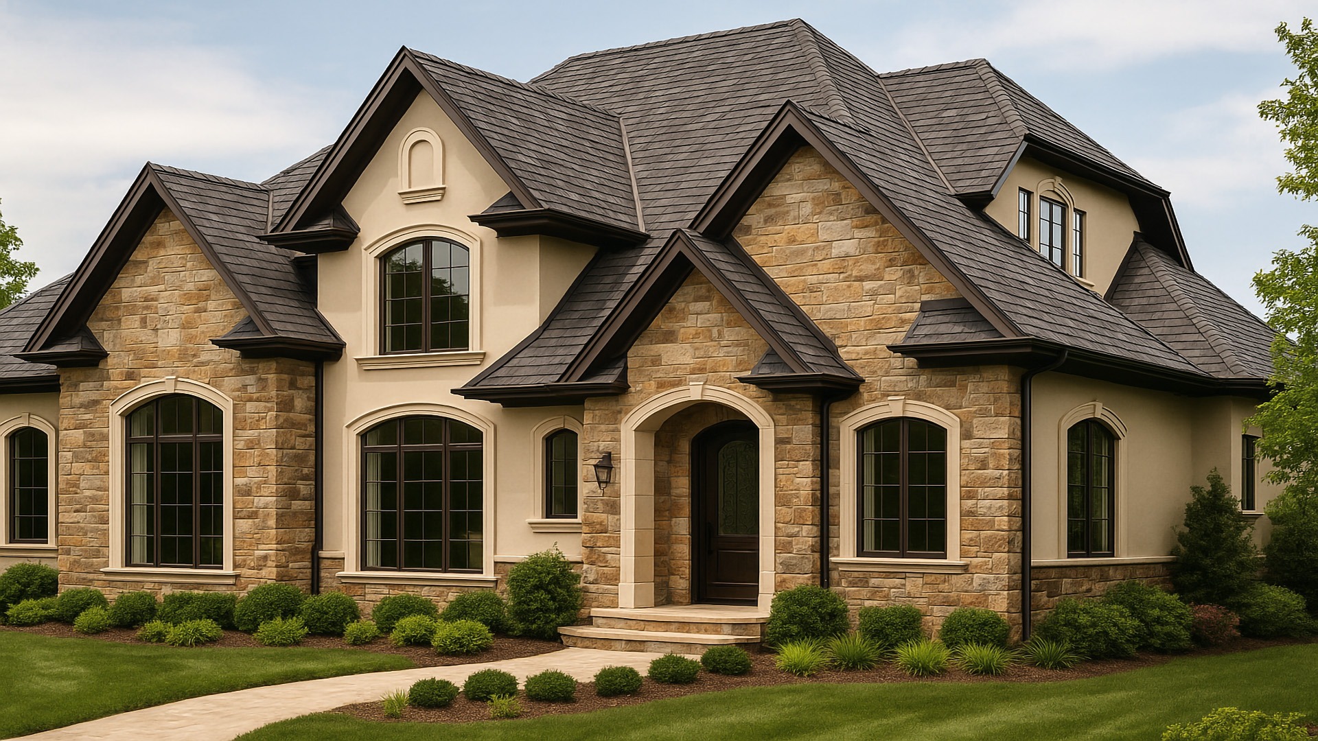 luxurious stone and stucco home features dark gray impact-resistant architectural shingles, elegantly framed by arched windows and manicured landscaping