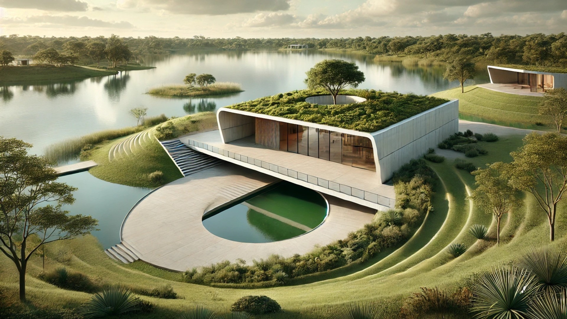 Riberas Clubhouse Architecture with green roof in natural setting.