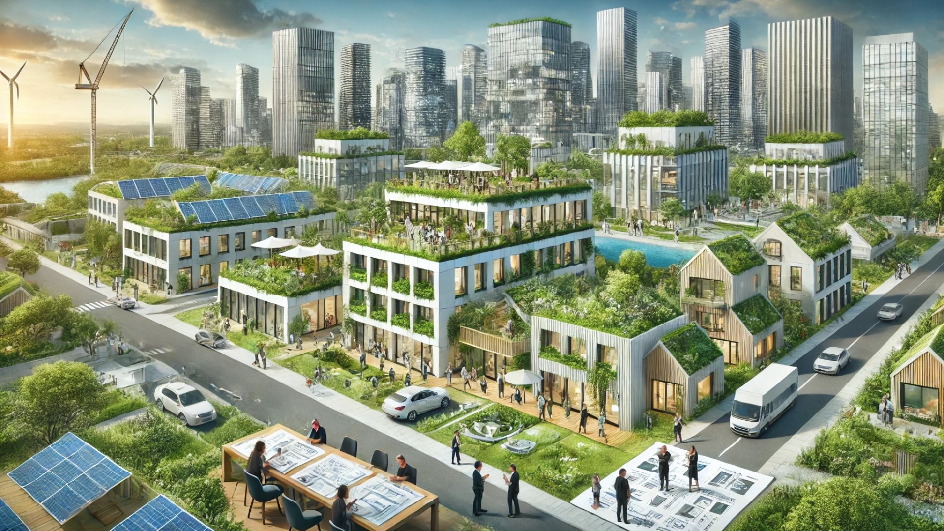 the future of sustainable design and construction, highlighting green buildings, collaborative planning, and innovative, climate-conscious urban development