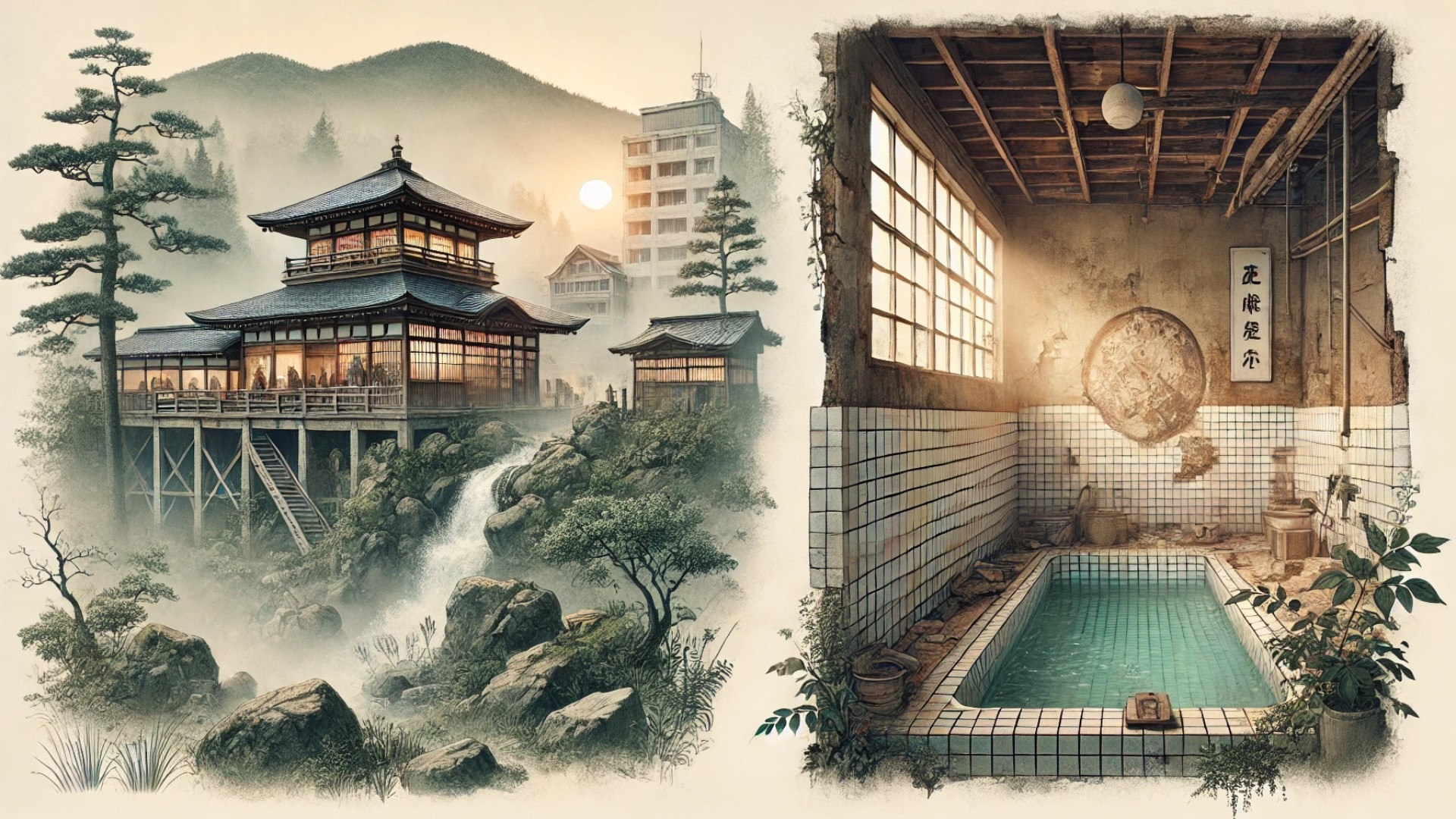 capturing the emotional and architectural essence of Japan’s communal bathing culture—contrasting serene mountain onsen, active sento interiors, and nature-reclaimed abandoned bathhouses