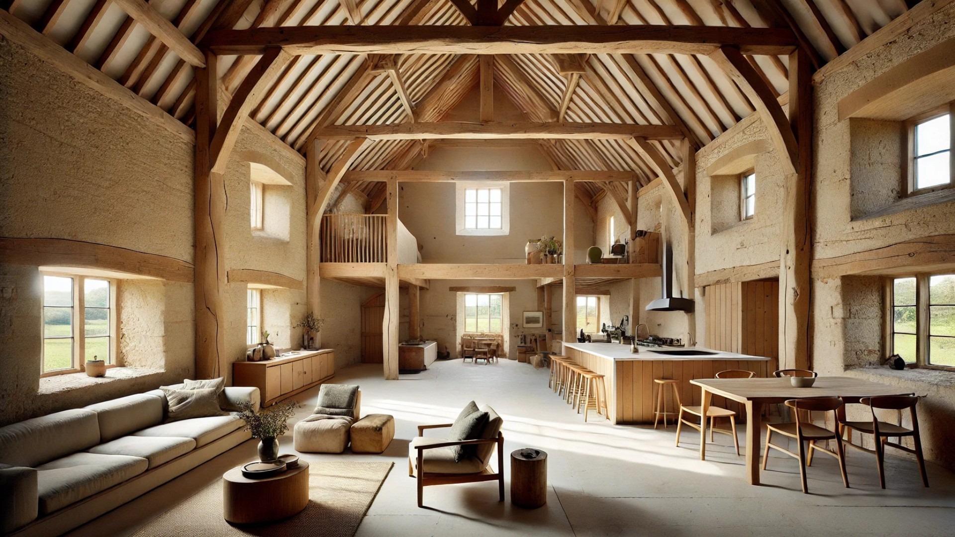 renovated Cotswolds barn, highlighting the open-plan layout, exposed timber beams, and the central timber pod