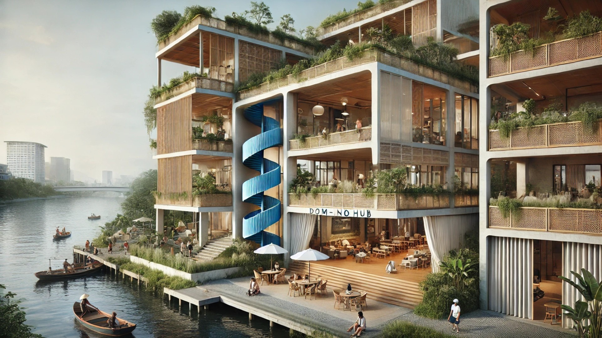 Dom-Ino Hub’s connection to the Saigon River—highlighting the open verandas, lush vegetation, and calm public zones that blend architecture with the riverside landscape
