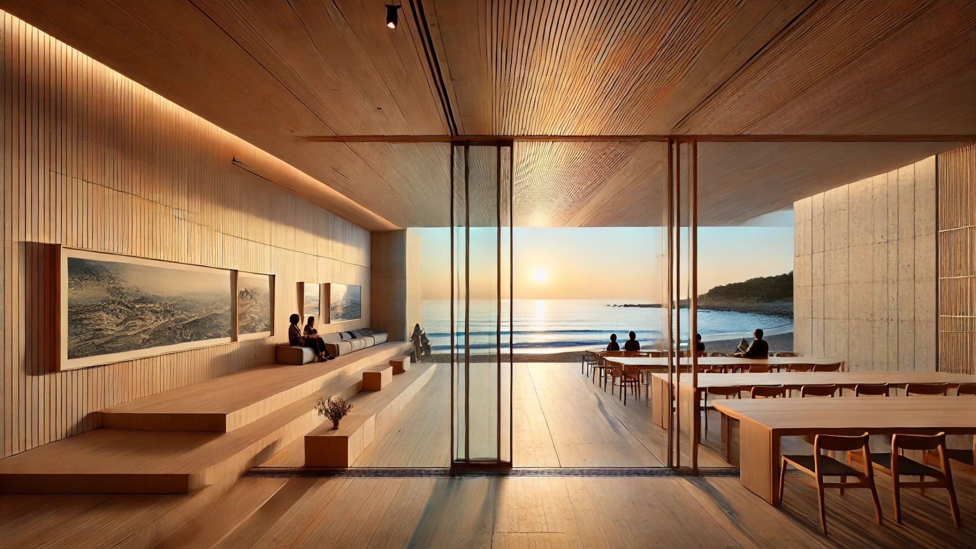 Kugami Terrace Sunset Cafe, a serene coastal gallery-café, glows with sunset light as visitors admire vibrant artwork inside and sip coffee outside