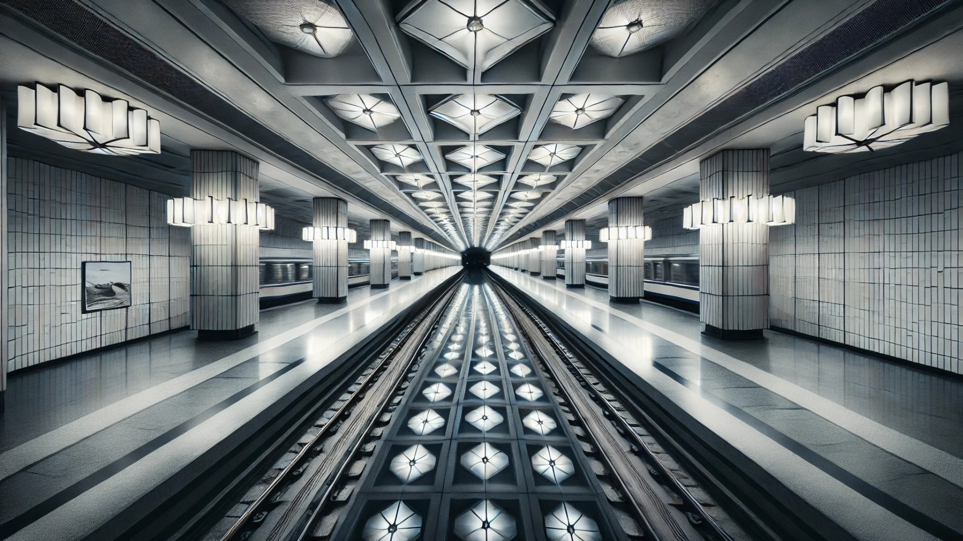 capturing the serene, symmetrical essence of a European metro station inspired by Thibault Drutel’s Symmetric Subway series