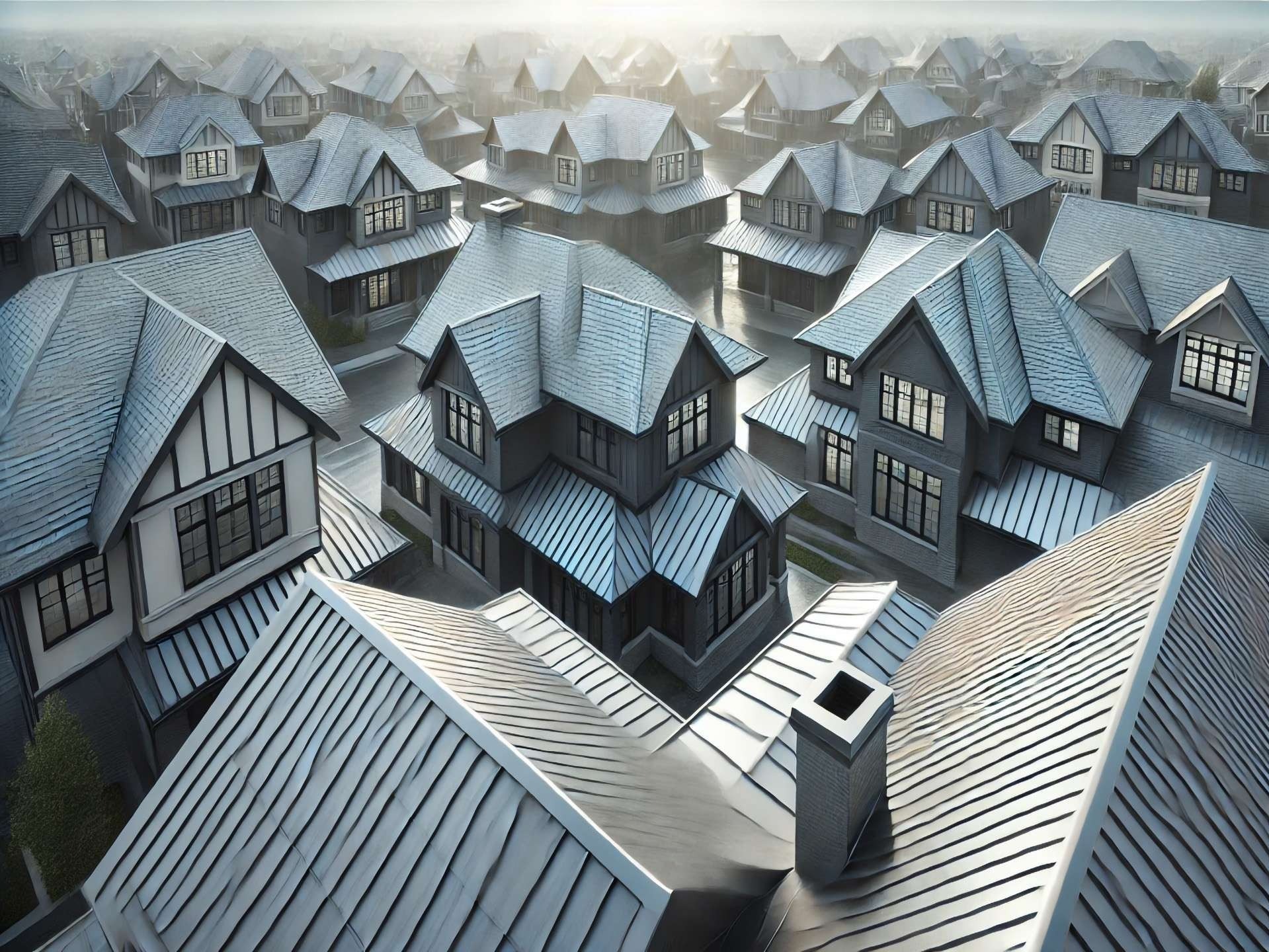 Rooftops of several luxury homes featuring slate and metal roofing, photographed in cool natural daylight to highlight craftsmanship and design detail