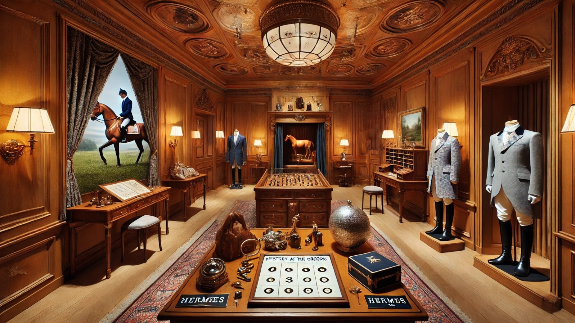 capturing the immersive elegance and theatrical intrigue of the Hermès "Mystery at the Grooms’" installation