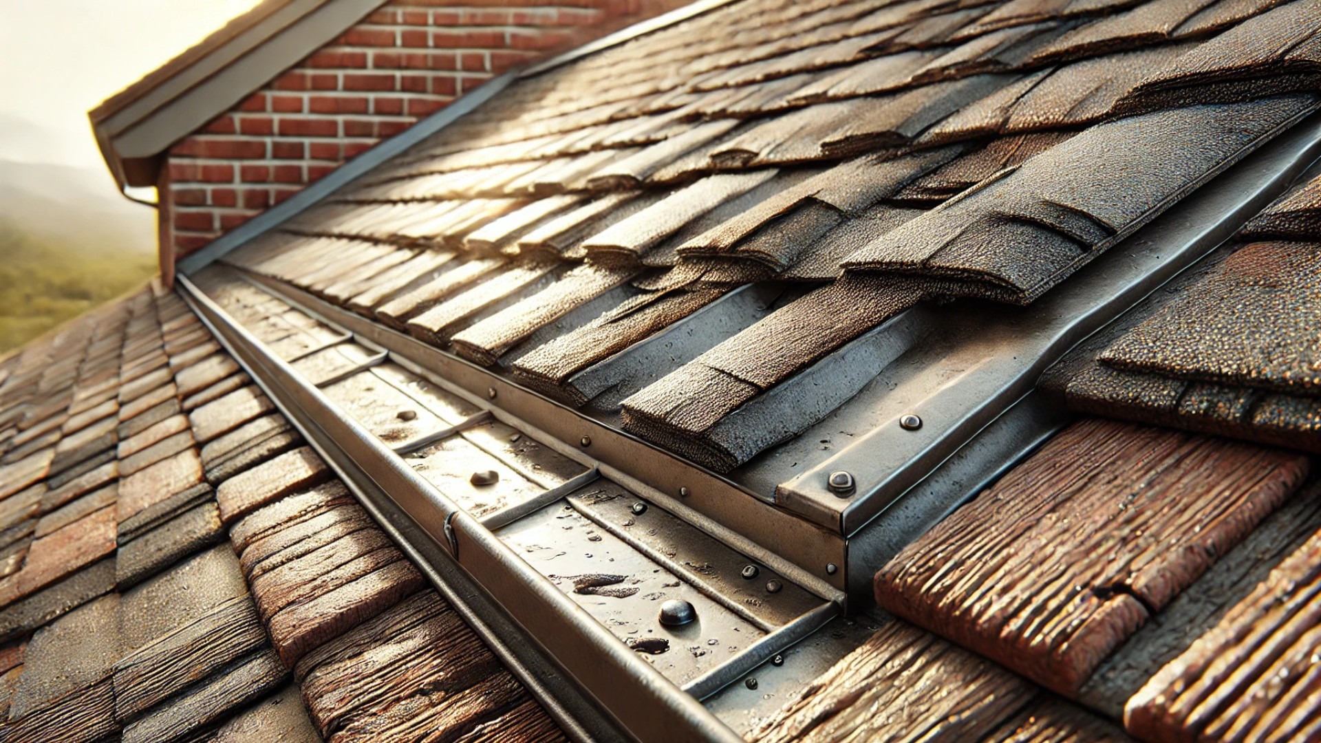 detailed closeup of a roof showing flashing, weathered shingles, and a brick wall background with realistic masonry texture, captured in natural daylight