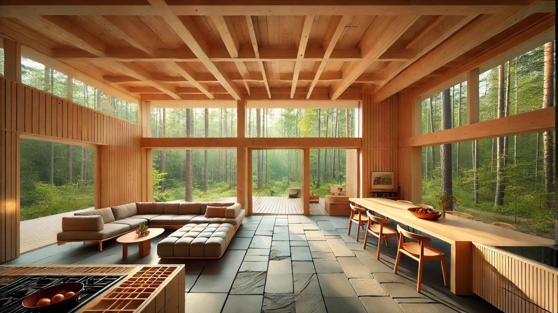 Center Parcs sustainable forest cottage, showcasing its warm materials, natural light, and serene design