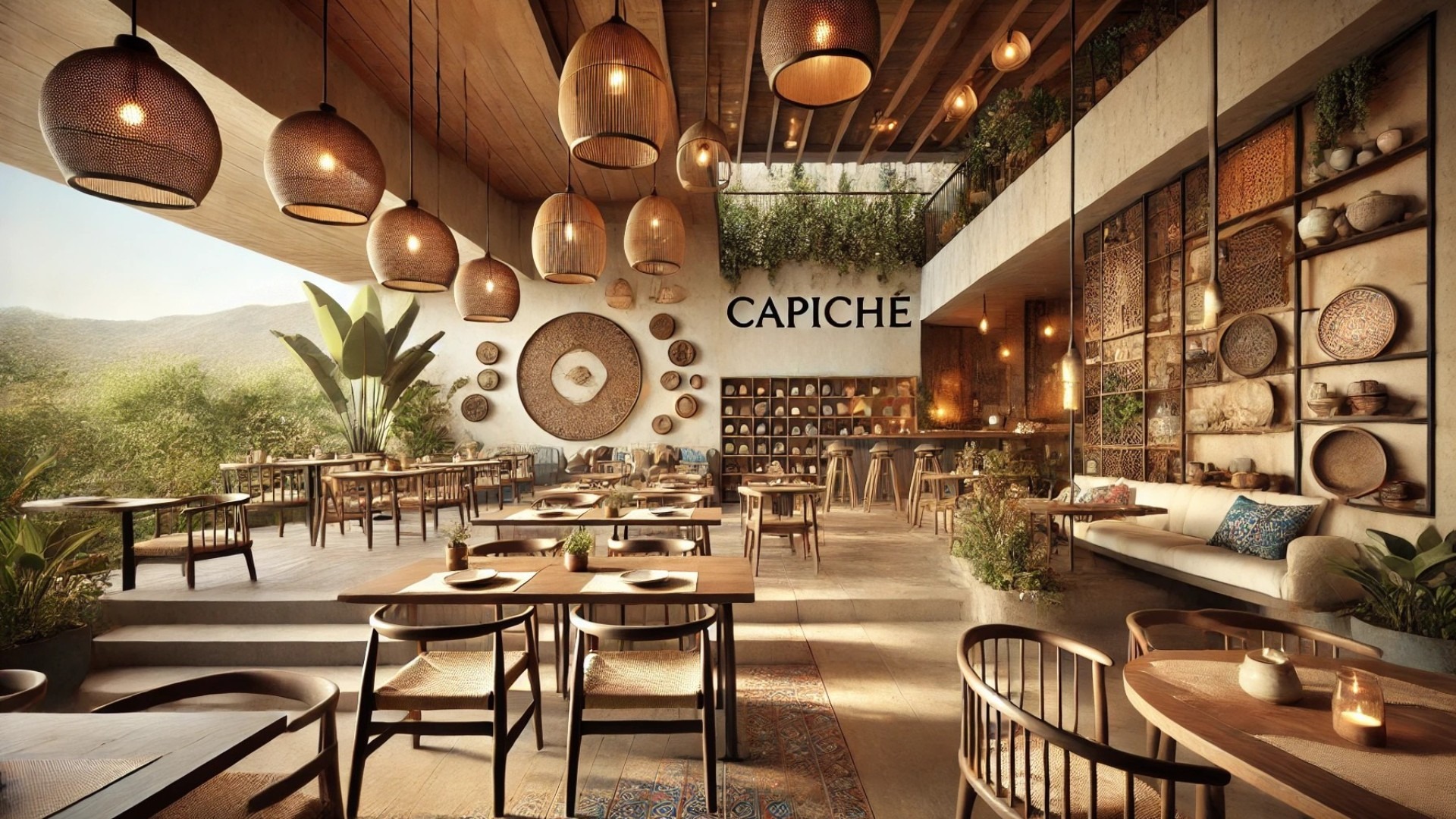 Capiche Restaurant, capturing its blend of rustic charm, artisan craftsmanship, and contemporary elegance