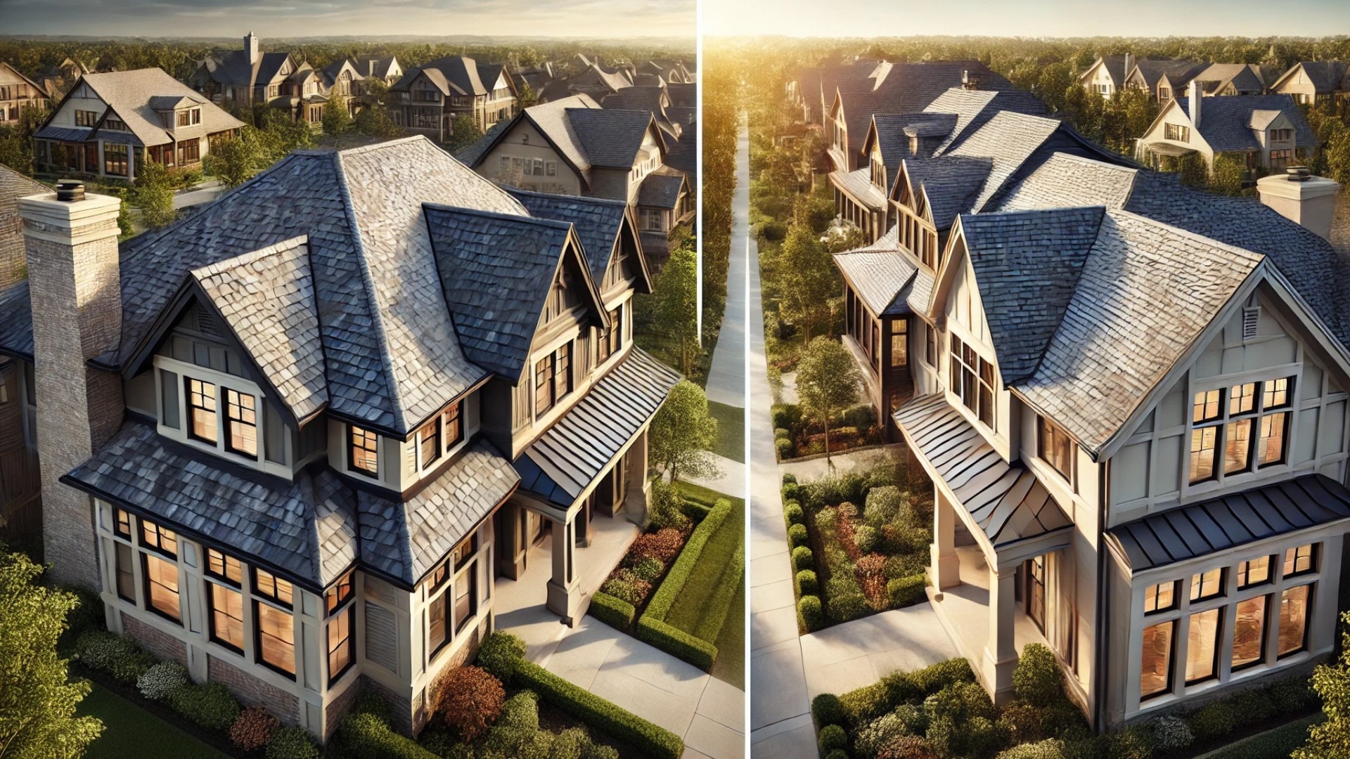 comparing upscale rooftops—each reflecting the aesthetic and performance values of CertainTeed Landmark and GAF Timberline NS shingles