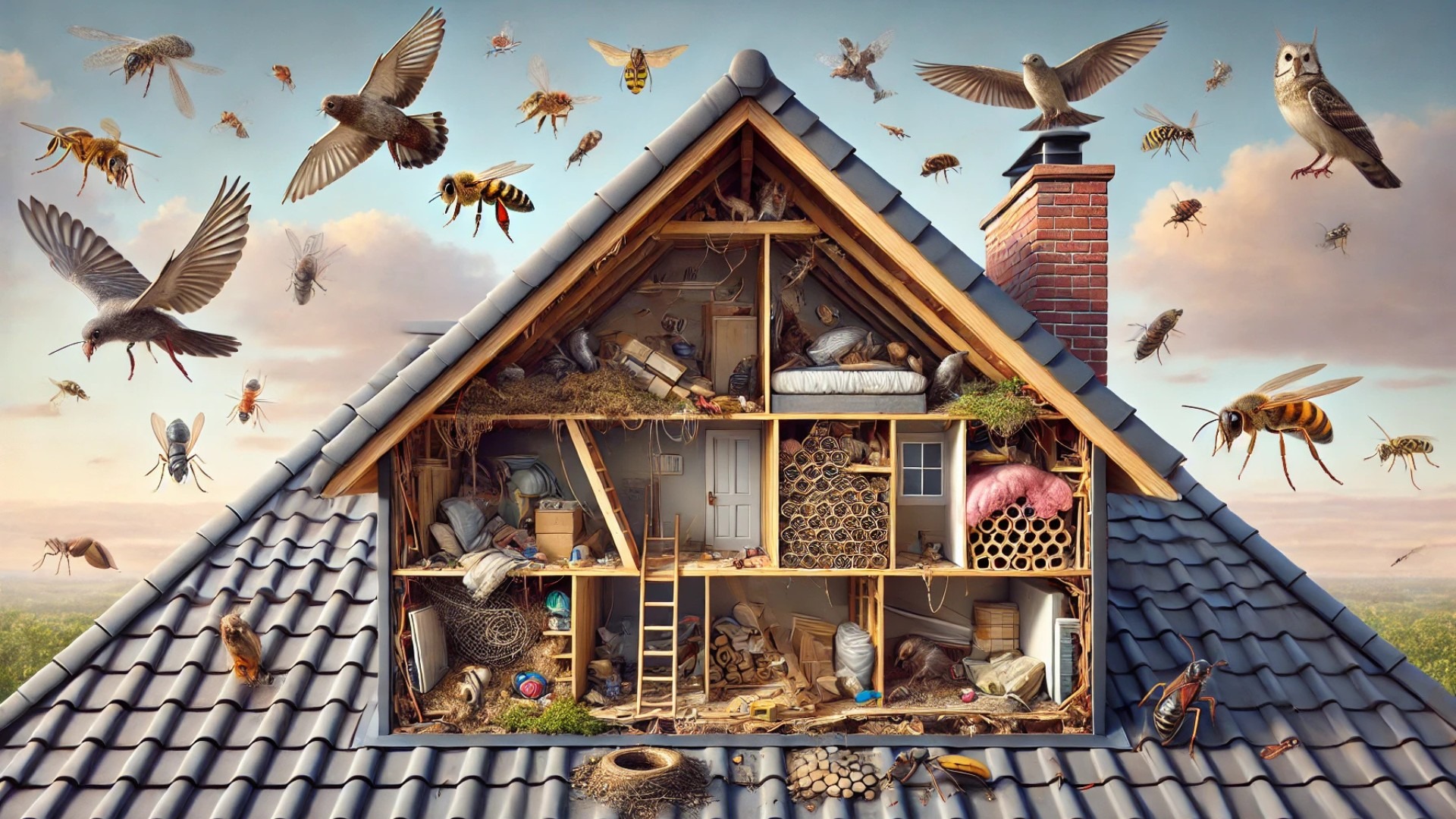 cutaway view of a residential roof infested with various common pests