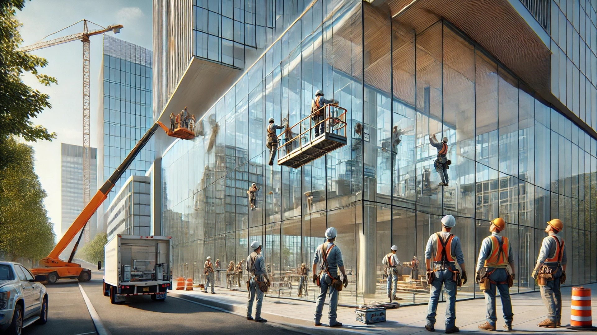 professional glaziers installing a large glass façade on a modern commercial building in Oregon, emphasizing craftsmanship, safety, and contemporary design