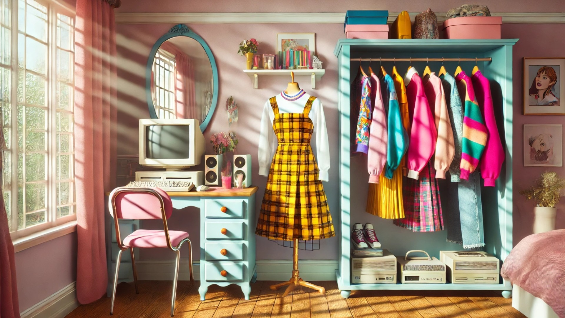 vibrant, emotionally reflective 1990s-inspired teenage bedroom scene with bold vintage fashion elements, echoing the themes of identity, beauty, and self-expression portrayed in Clueless