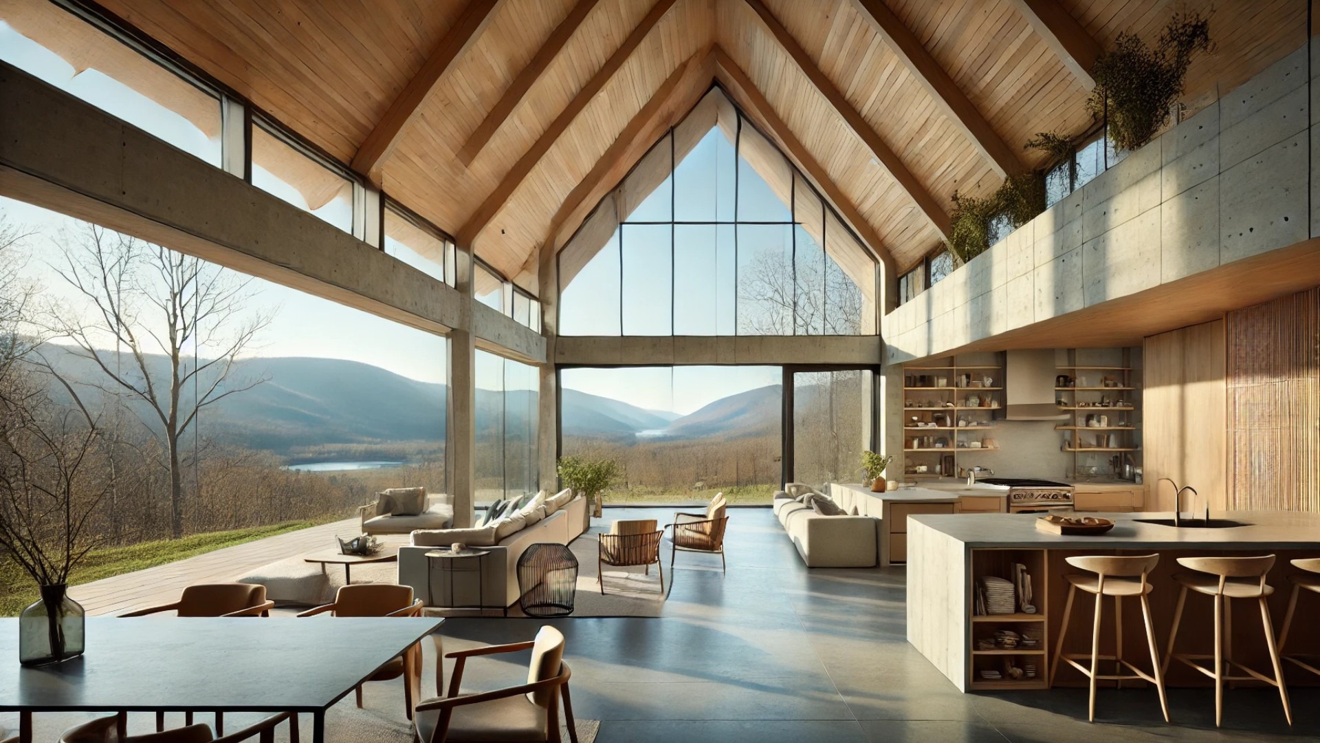 Interior view of the Ridge House, capturing the soaring gabled ceiling, seamless layout, and panoramic mountain views