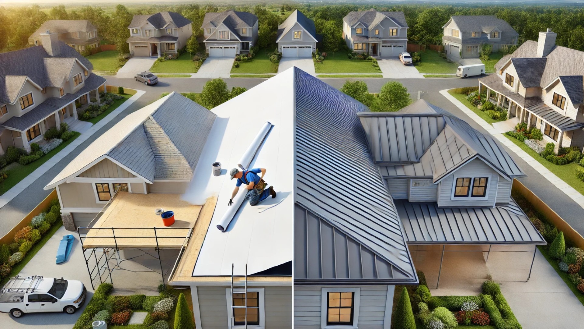 side-by-side comparison of low-slope and steep-slope roofing systems, highlighting the materials, installation methods, and architectural styles for each