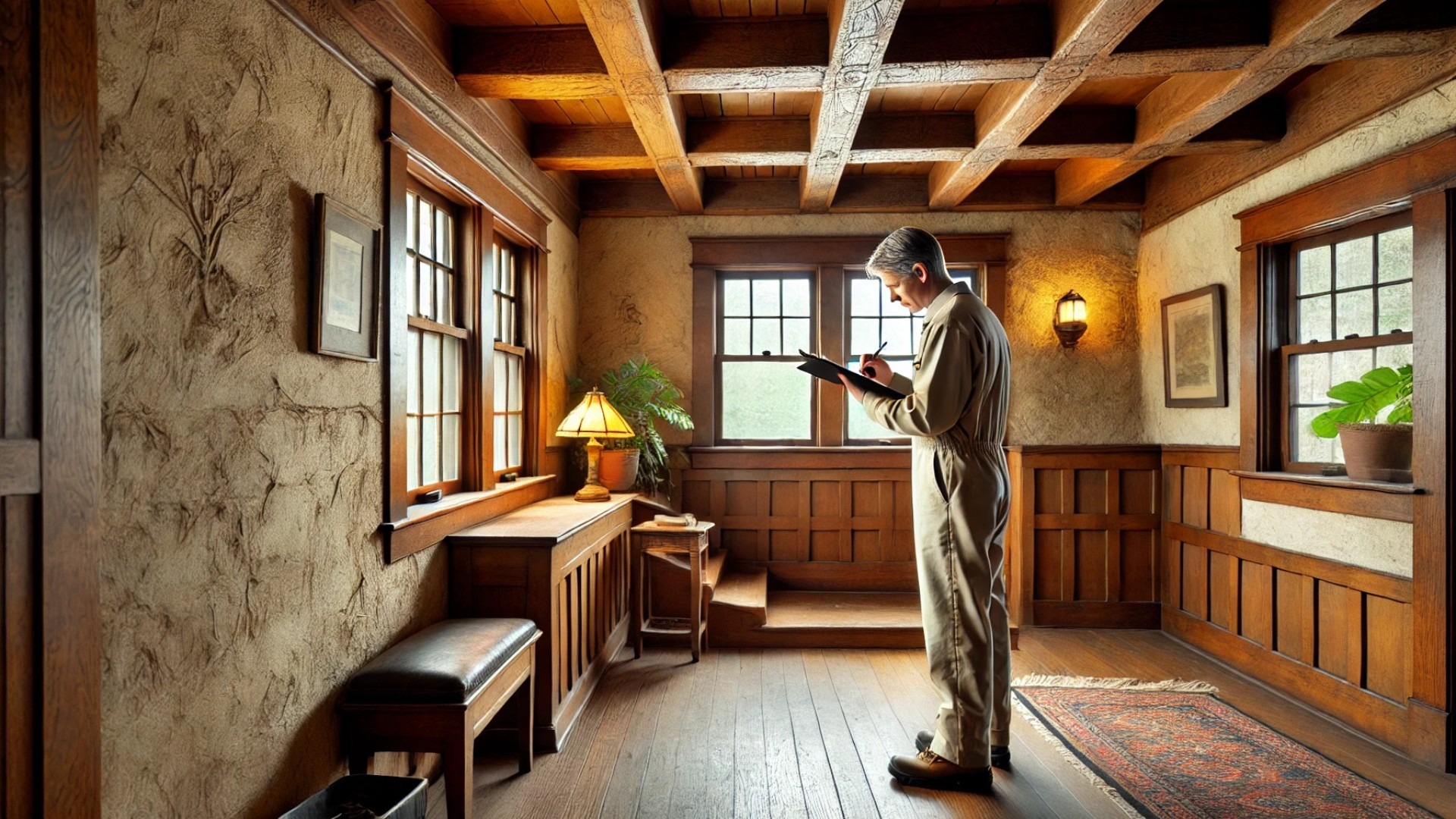 interior of a 1920s Craftsman bungalow under careful inspection, emphasizing the unique historic materials and craftsmanship