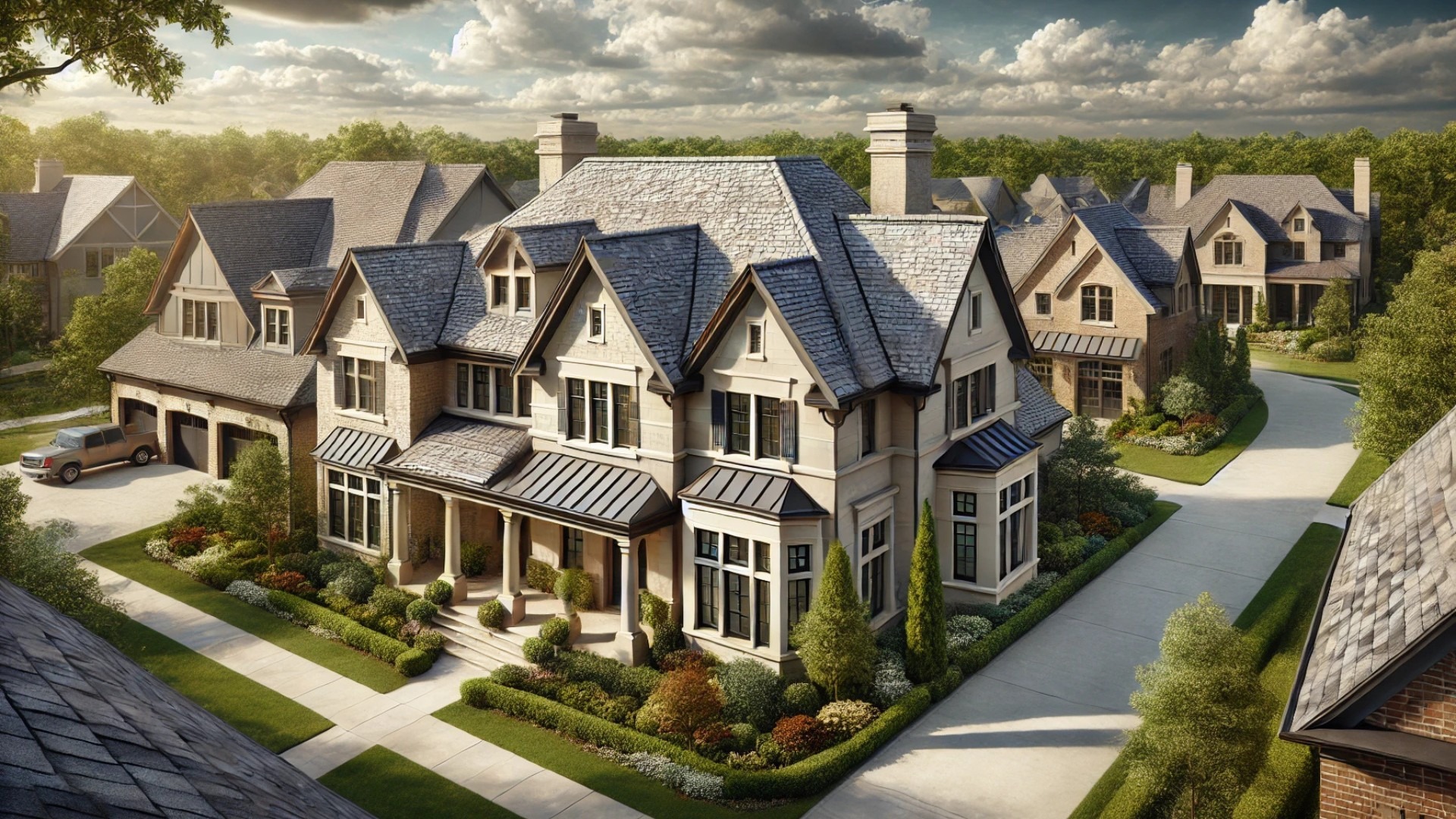 showcasing luxurious homes with GAF Timberline HDZ Class 4 shingles, emphasizing both durability and high-end architectural aesthetics