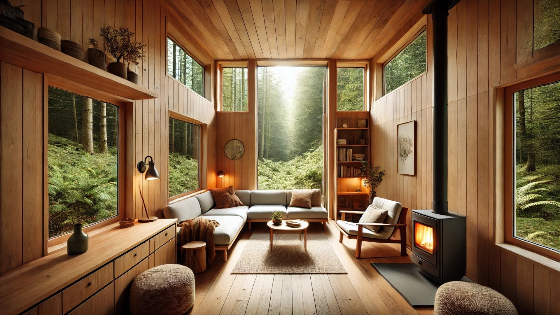 interior lounge view of the Birdhouse Modular, showcasing its warm, nature-integrated design and cozy, sustainable ambiance