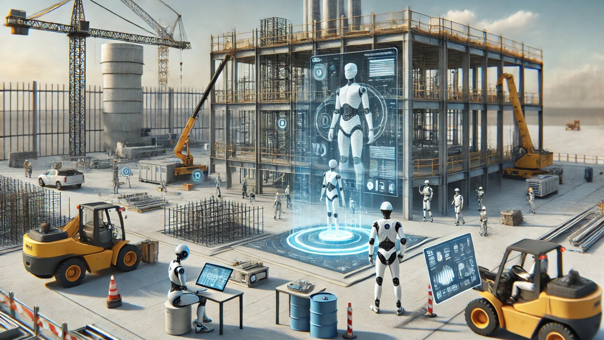 modern construction site showcasing AI integration, highlighting collaboration between humans and technology in a clean, efficient environment