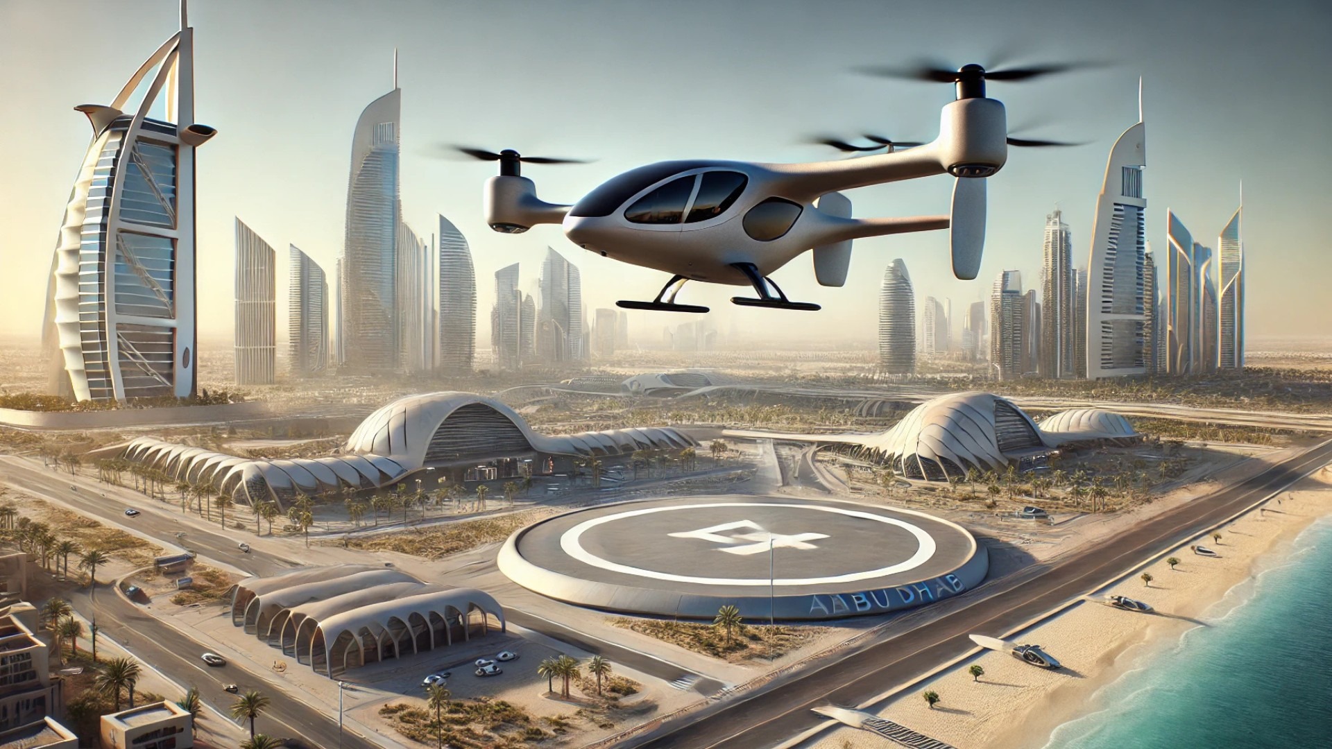 eVTOL aircraft "Midnight" flying over a futuristic Abu Dhabi cityscape