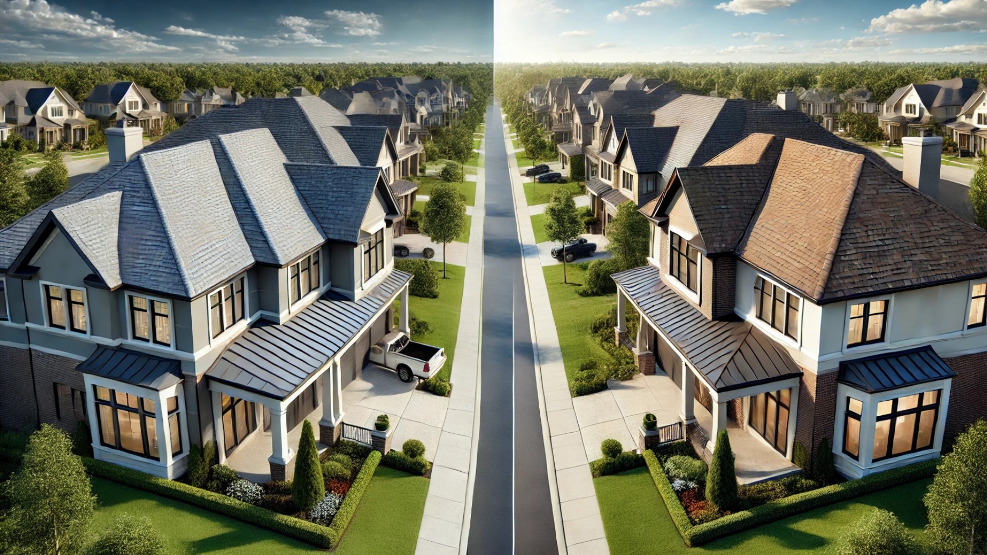 comparing Timberline NS and Timberline HDZ shingles, each installed on elegant homes to highlight their distinct textures and aesthetic differences