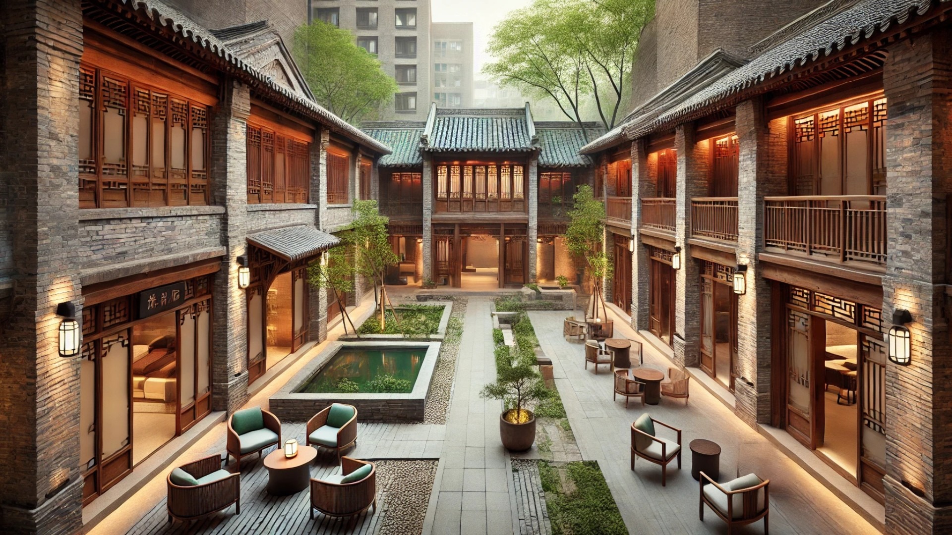 Jiuguo Courtyard Inn in Tianjin’s historic district, showing the blend of traditional materials and modern architectural details in a serene courtyard setting