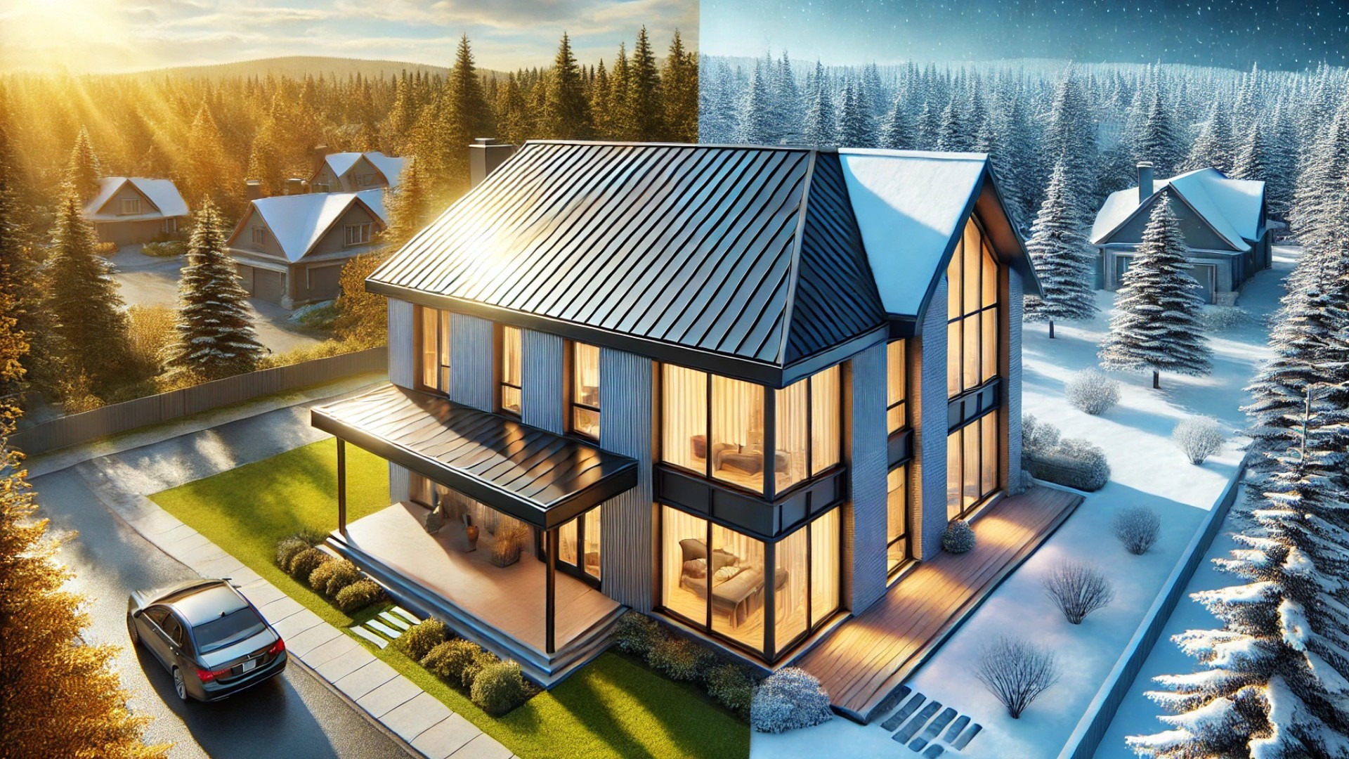 modern Canadian home with a sleek metal roof, highlighting both summer and winter energy efficiency benefits