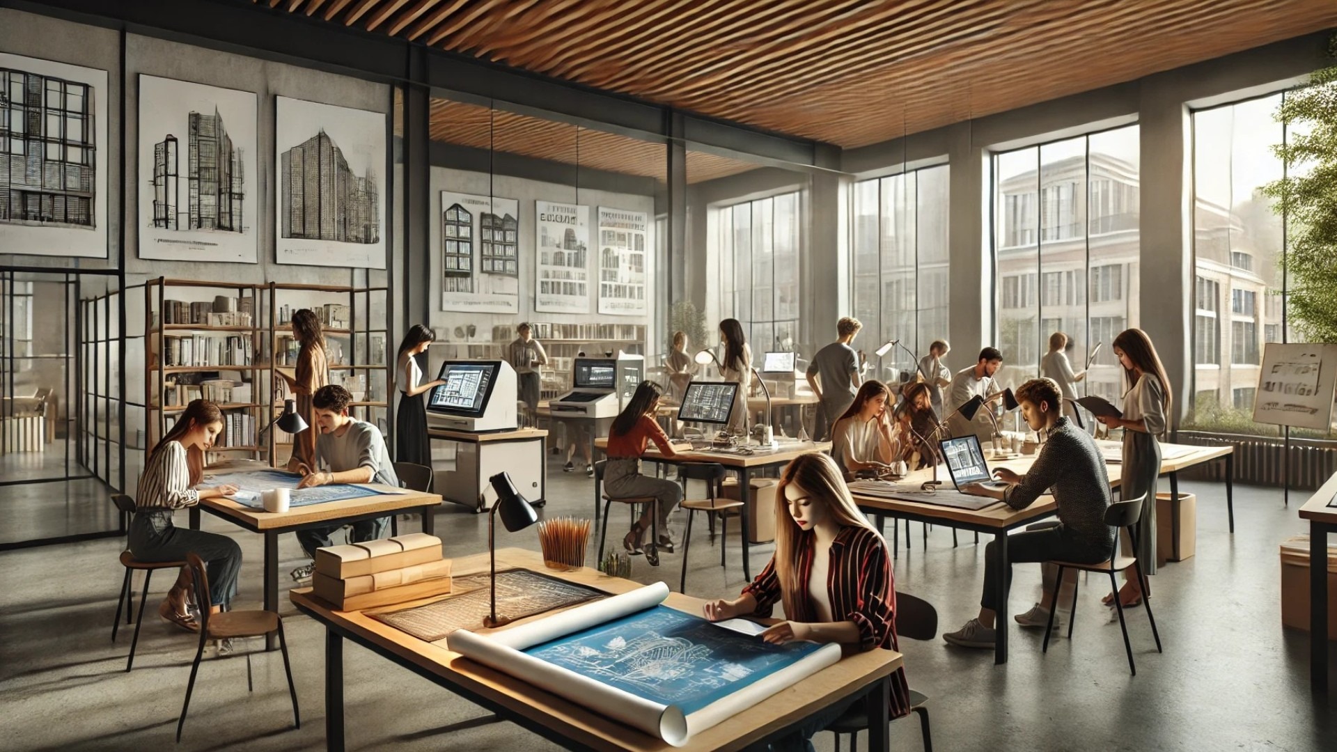 illustration showing a diverse group of architecture students in a modern community college setting, actively engaging with models, blueprints, and digital tools