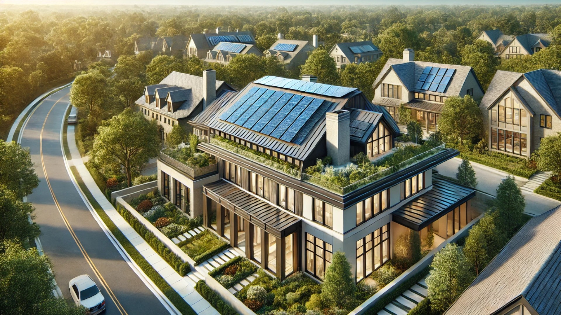 sustainable roofing features in Oak Hill, TN—highlighting solar shingles, reflective coatings, and a roof garden