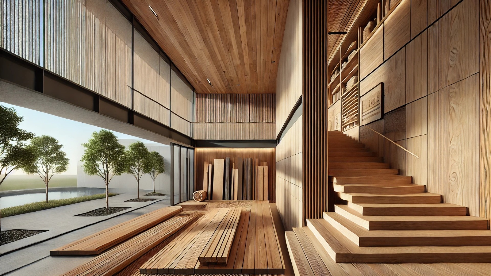 Superwood in a modern architectural setting, with a clear focus on its unique texture, strength, and design versatility