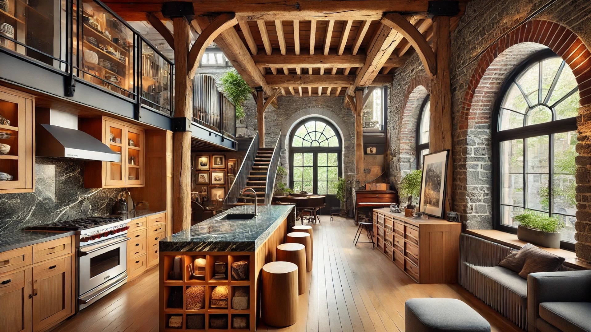 capturing the elegant transformation of the 19th-century industrial loft in Montreal, with rich details reflecting both its heritage and modern design