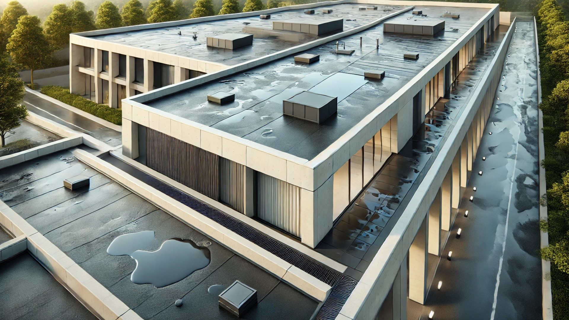 highlighting the architectural features and water management challenges of a flat roof