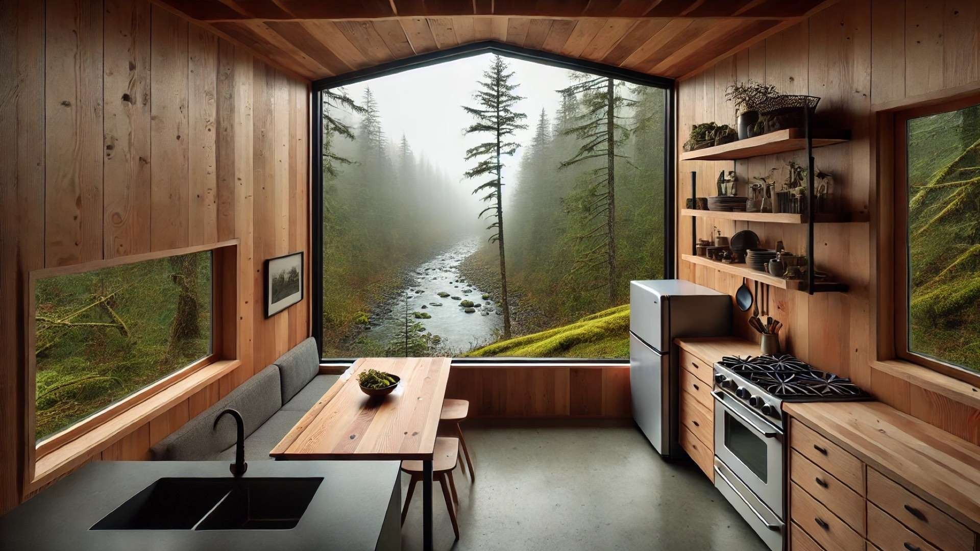 Compact cabin interior with wood and steel finishes, featuring a wide window overlooking a river below on a forested slope, emphasizing elevated vantage point.
