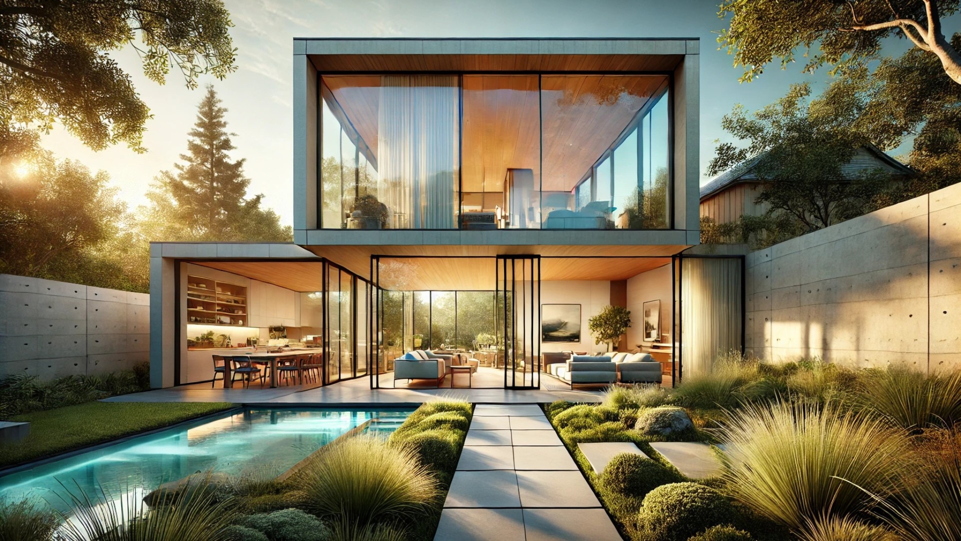 highlighting the seamless indoor-outdoor transition from the home's rear facade. The grand glazing, stone slabs, and lush garden space reflect a peaceful connection with nature and support family interaction