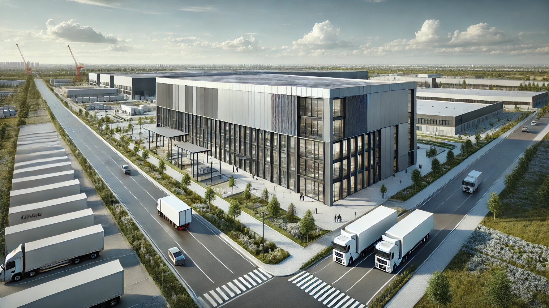 Roshen Logistics Center, capturing its blend of industrial efficiency and architectural refinement in an urban Ukrainian setting