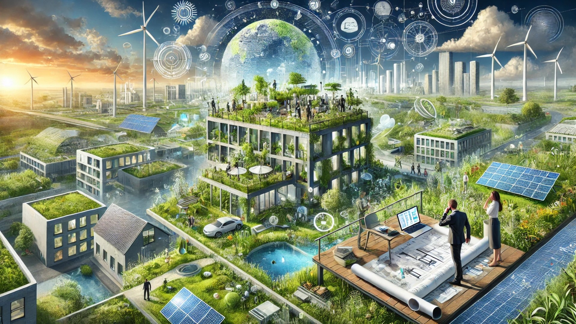 visualizing the AIA's commitment to climate-focused architectural innovation—featuring sustainable design, biophilic elements, and collaborative research settings