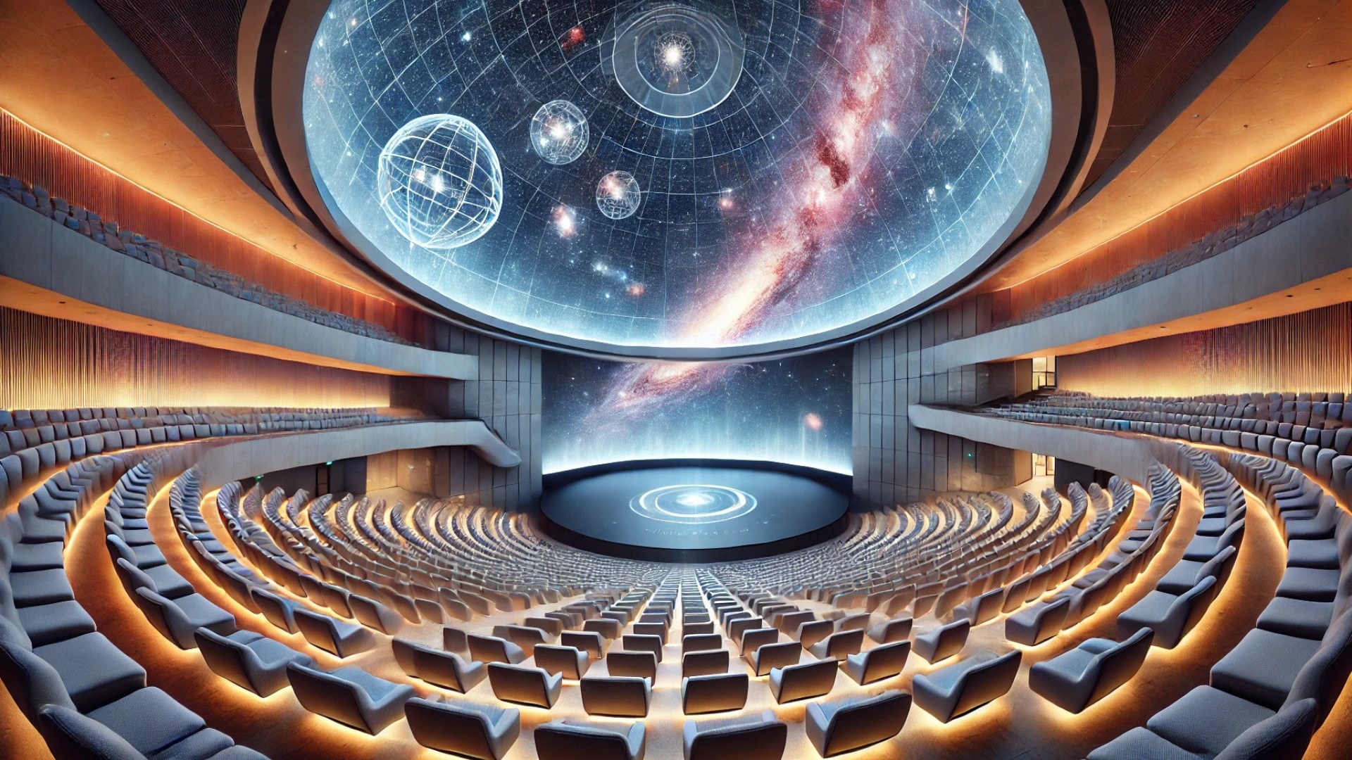 capturing the transformed interior of the Prague Planetarium—featuring its massive LED dome, ergonomic seating, and cosmic atmosphere