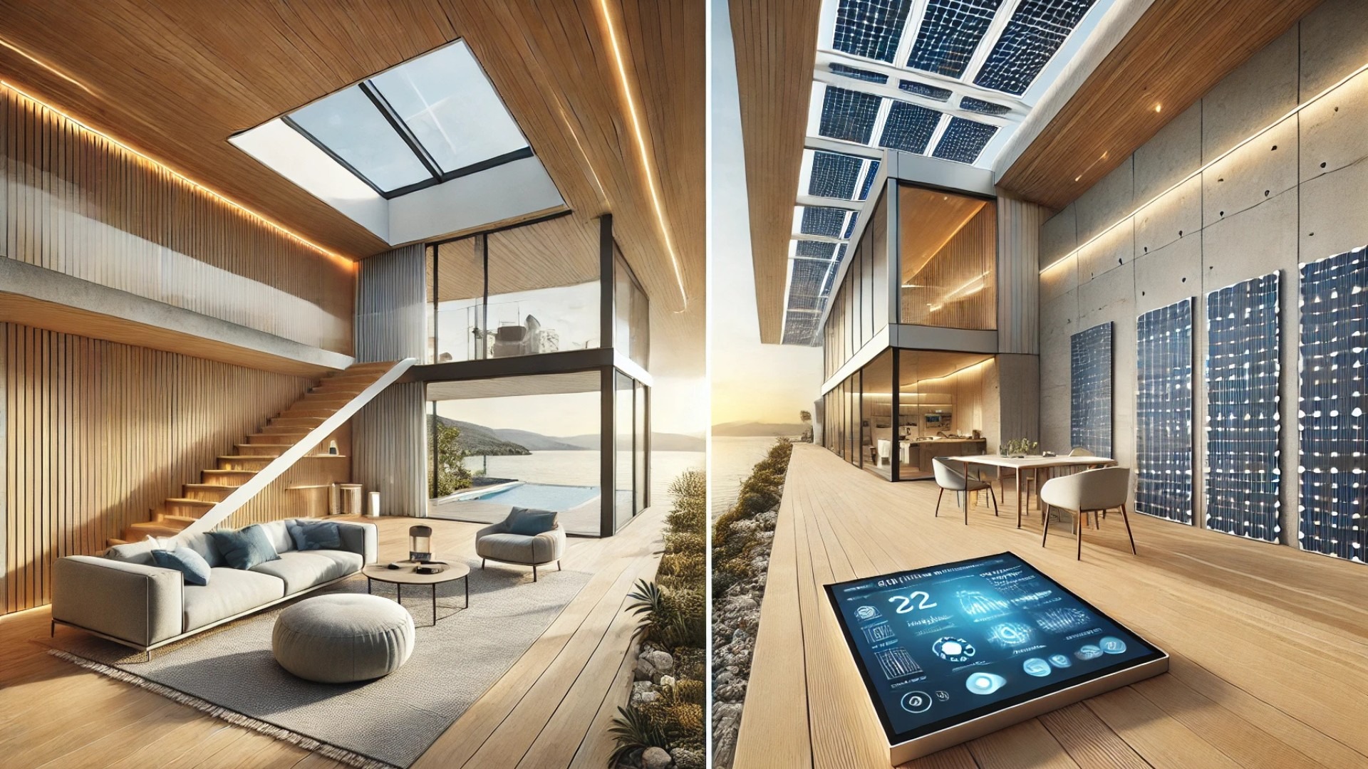 highlighting solar-powered skylight systems—showing integrated rooftop panels, digital energy monitoring, and sunlit interiors designed for sustainability