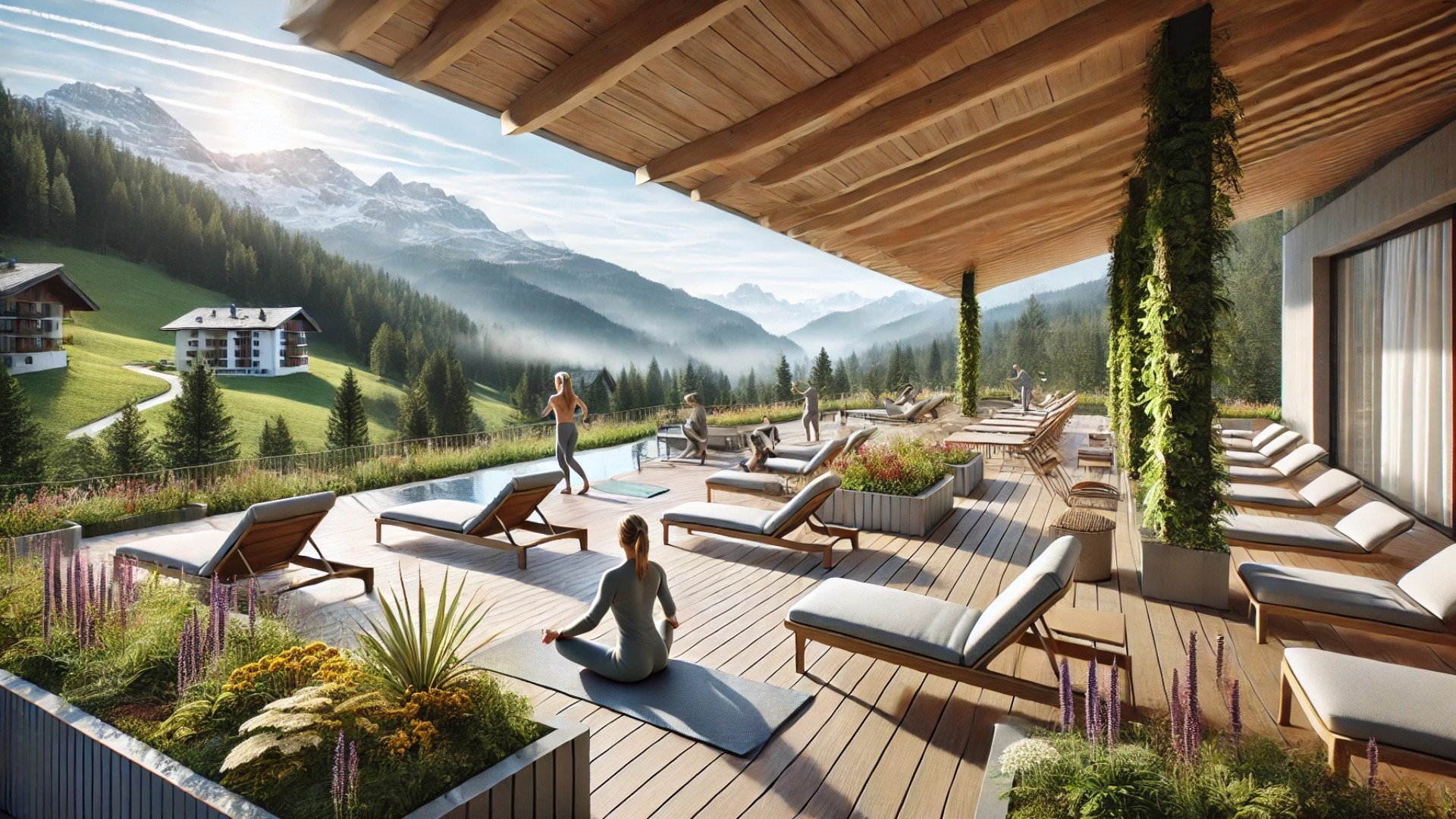 outdoor wellness terraces at the Dynafit Headquarters—featuring serene alpine views, natural materials, and rejuvenating spaces for rest and movement