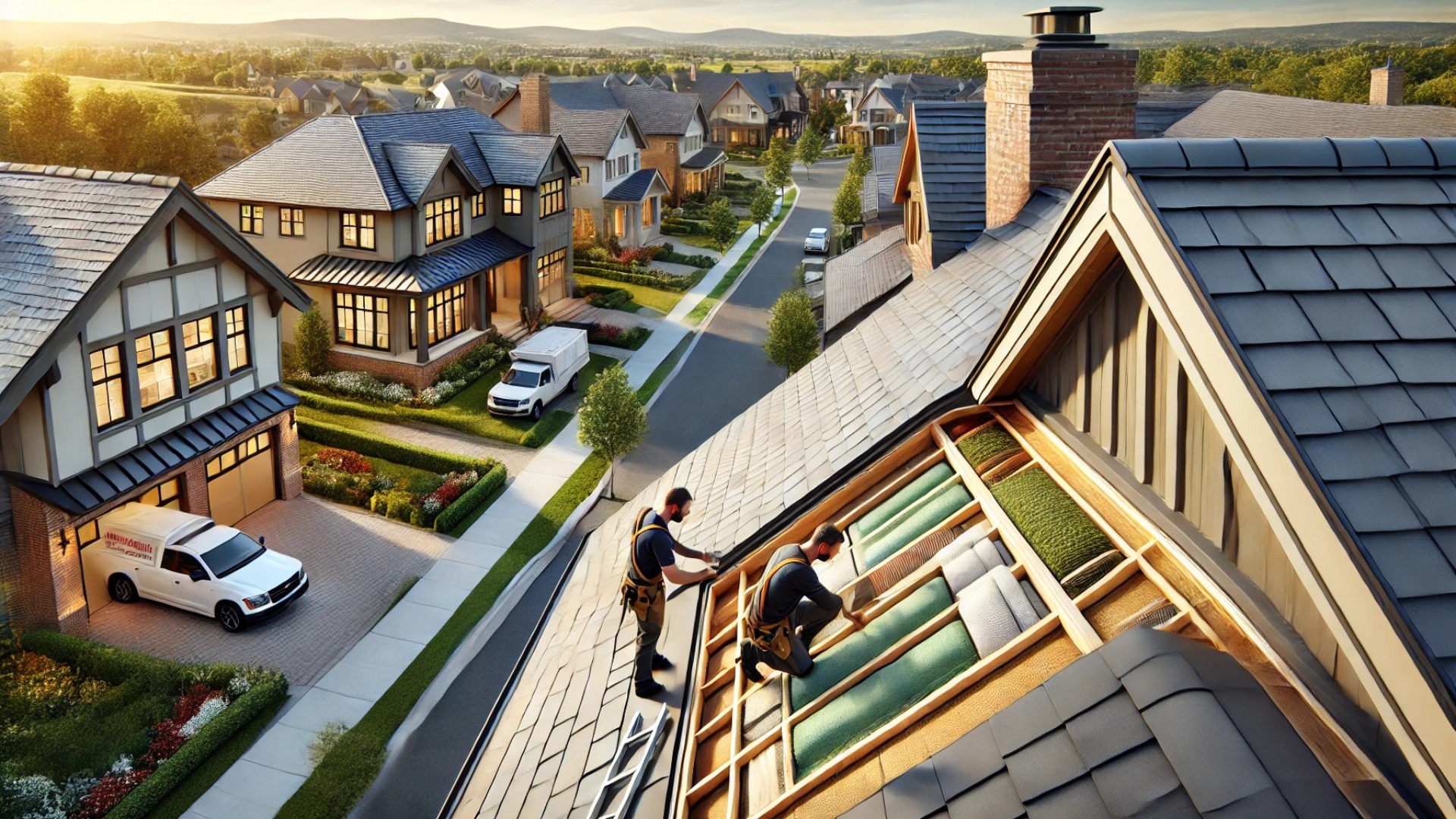 upscale residential home with integrated fire-resistant roofing solutions—set in a peaceful, refined suburban environment