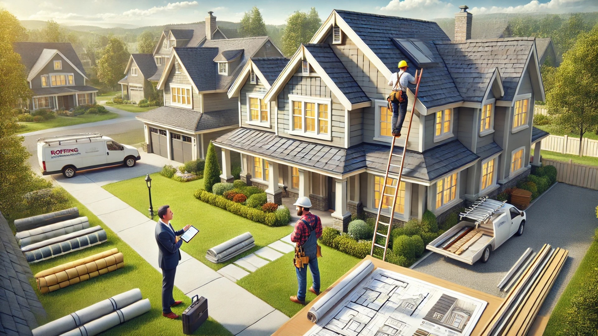 professional roof estimate in progress at a high-end residential home, with attention to craftsmanship and planning