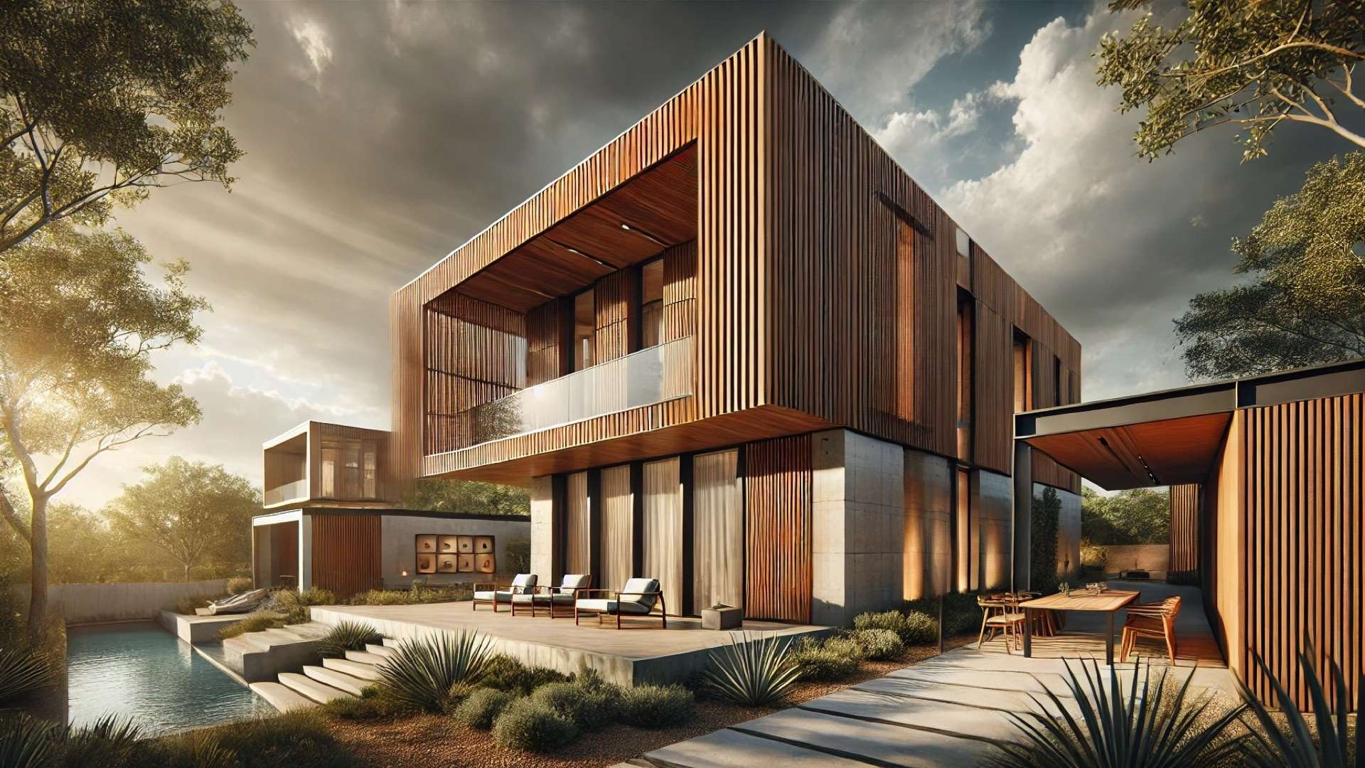 Modern sustainable home featuring precision vertical wood cladding, cantilevered volumes, and minimalist outdoor living spaces illuminated by warm evening sunlight.