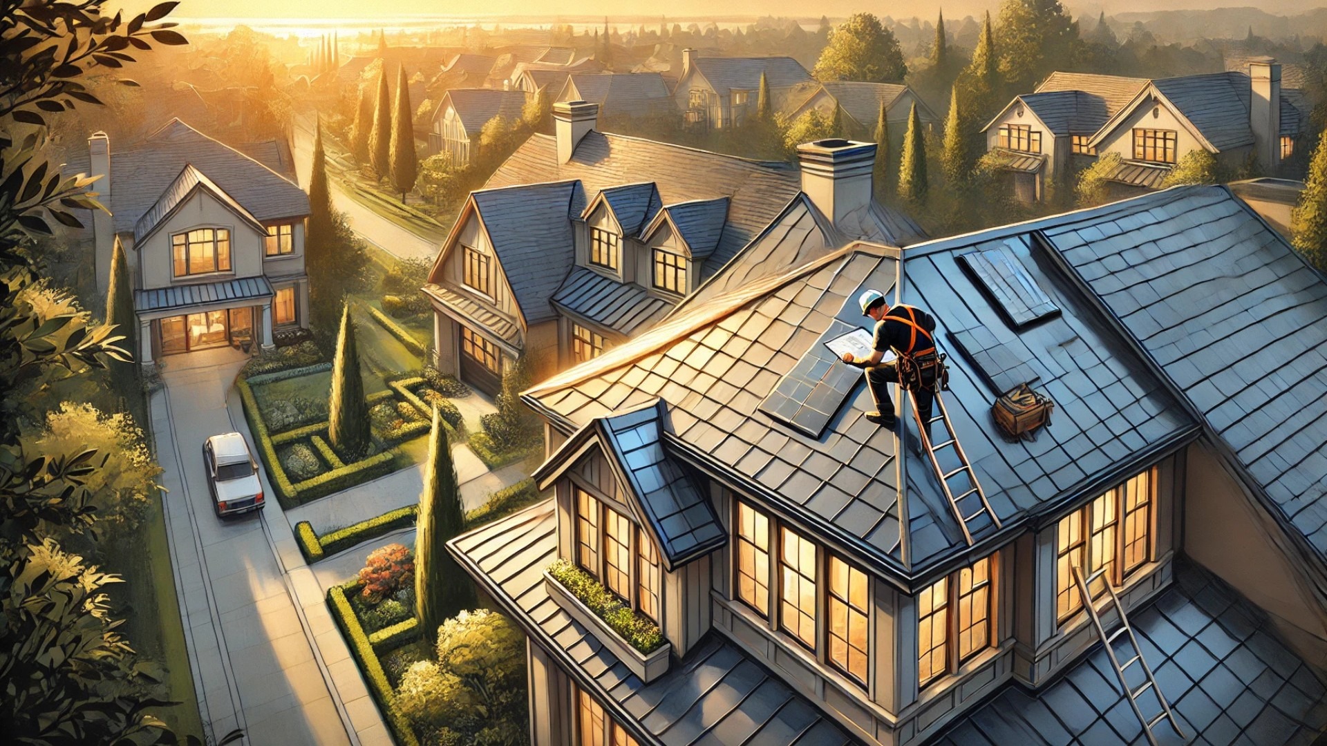 professional contractor inspecting a luxurious residential rooftop in an upscale neighborhood