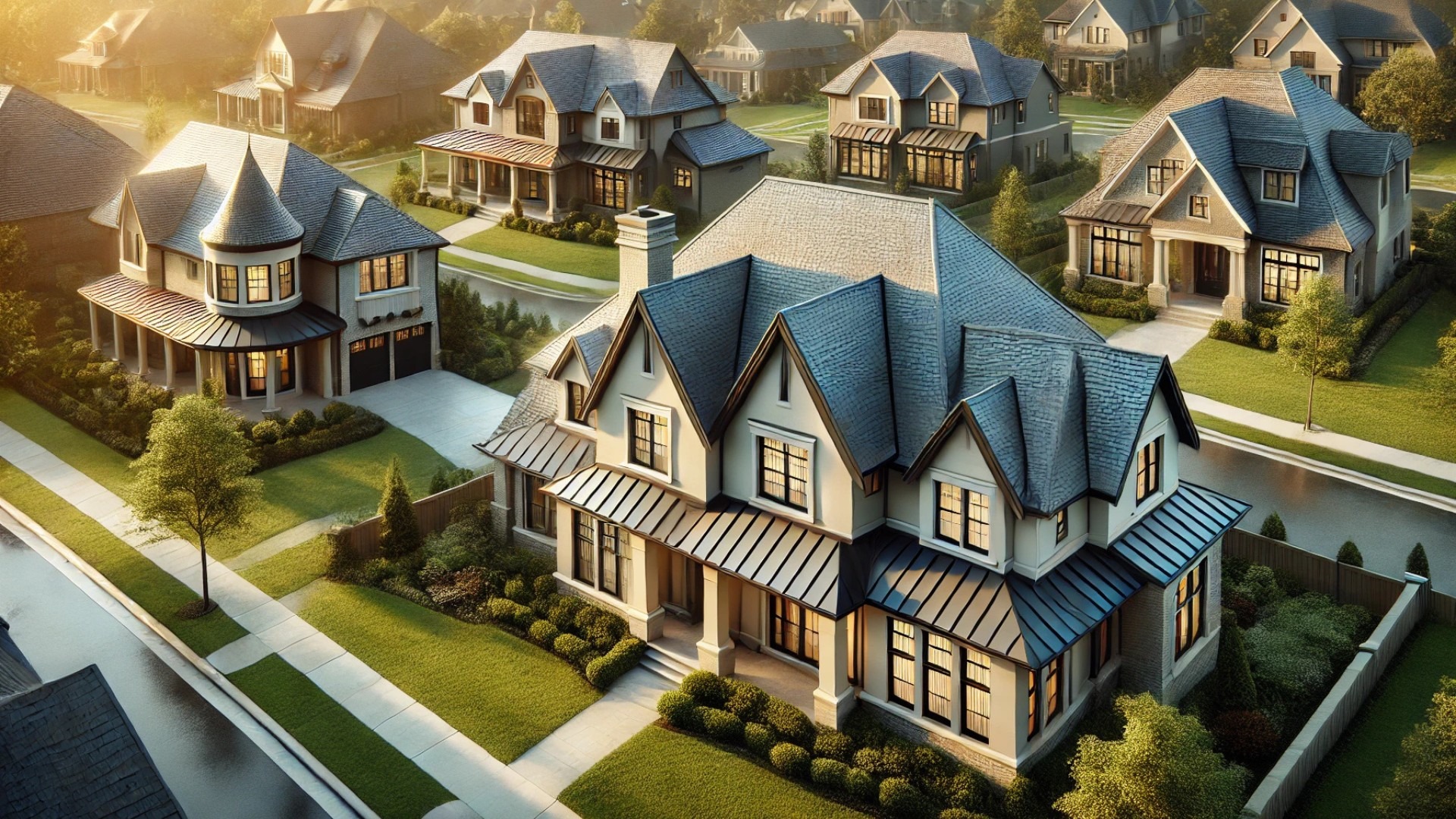 elegant homes with varying roof pitches, emphasizing architectural detail and craftsmanship